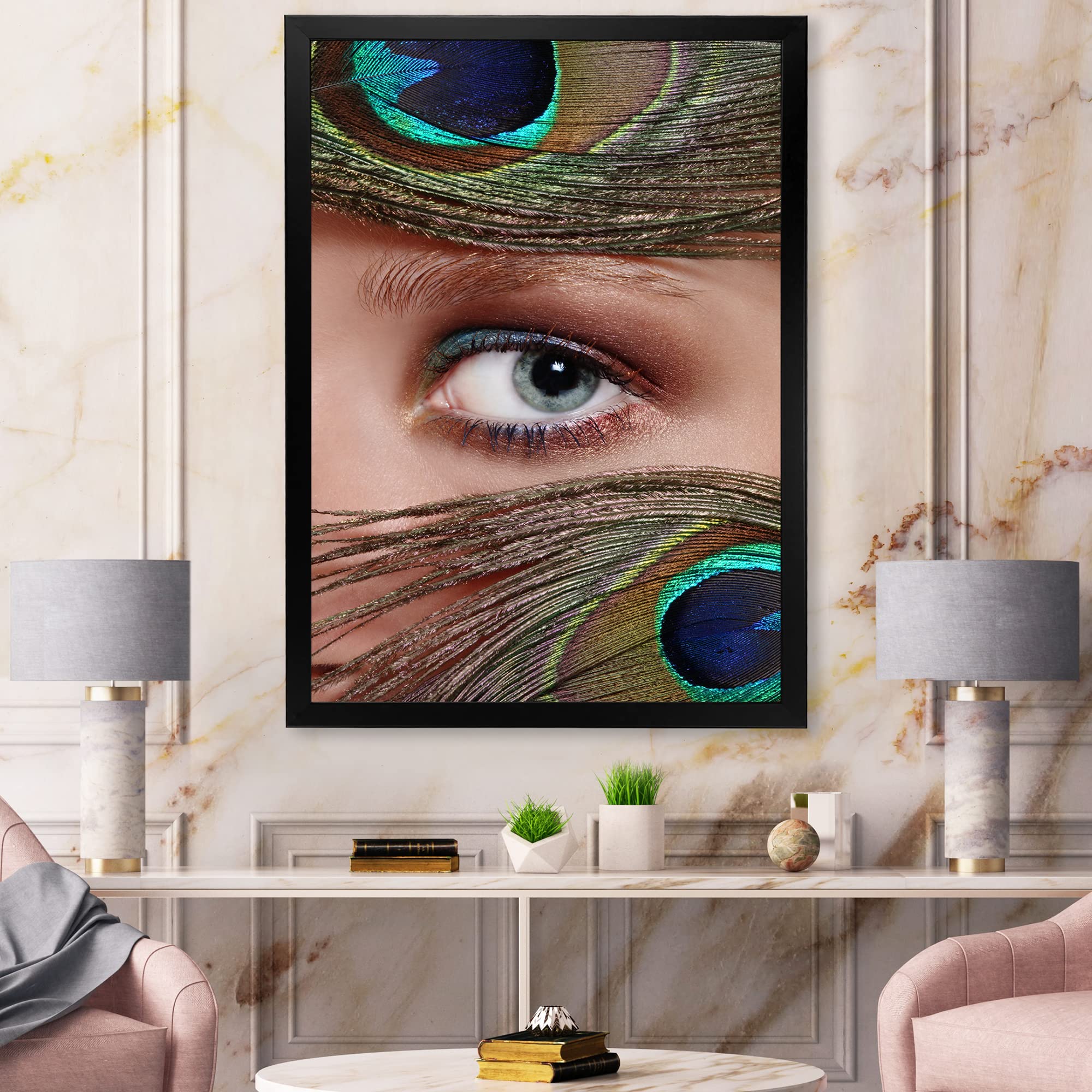 Bohemian Peacock Feather Framed Wall Art - Elegant Eye Design for Living Room, Bedroom & Office Decor