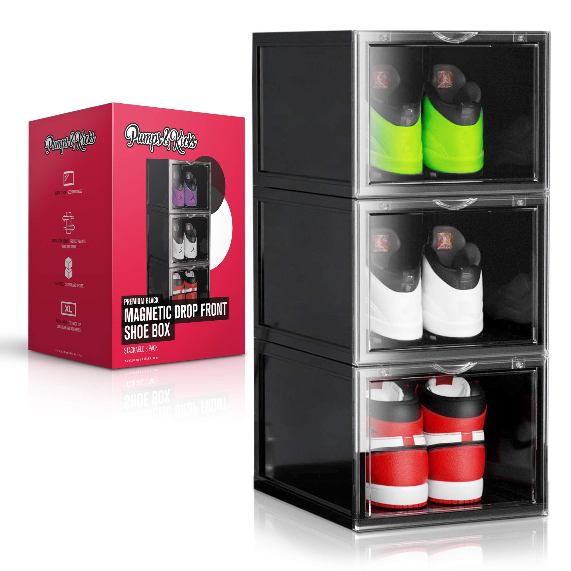 PUMPS&KICKS 3-Pack Stackable Shoe Storage Boxes with Drop-Front Clear Opening - Extra Large for High Top Sneakers, Men's Size 14 & Women's High Heels | Closet Organization Solution for Sneakerheads & Shoe Collectors (Black)