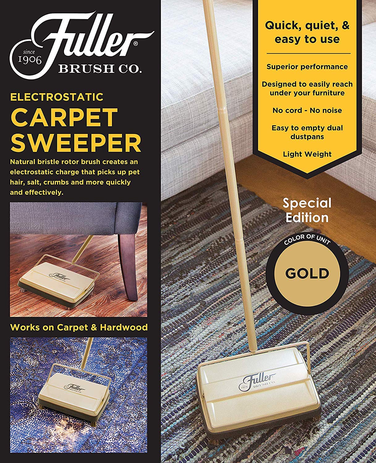 Fuller Brush Carpet Sweeper - Gold | Heavy-Duty Carpet Cleaner for Pet Hair, Dust & Debris | Perfect for Hardwood Floors, Rugs & High-Traffic Areas