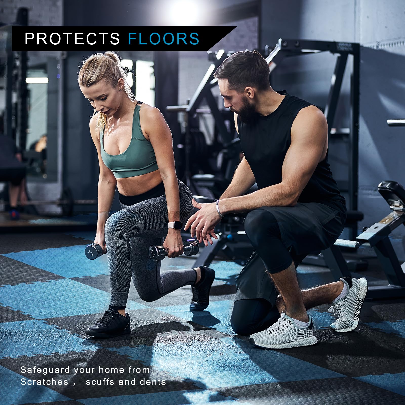 1 Inch Thick 48 Sq Ft EVA Foam Interlocking Exercise Gym Mats - 12 Pack Puzzle Floor Tiles for Home Gym, Yoga, Martial Arts & Heavy Workout Equipment - 24 x 24 Inch Black & Blue Tiles - Non-Slip, Shock Absorbing & Easy to Clean