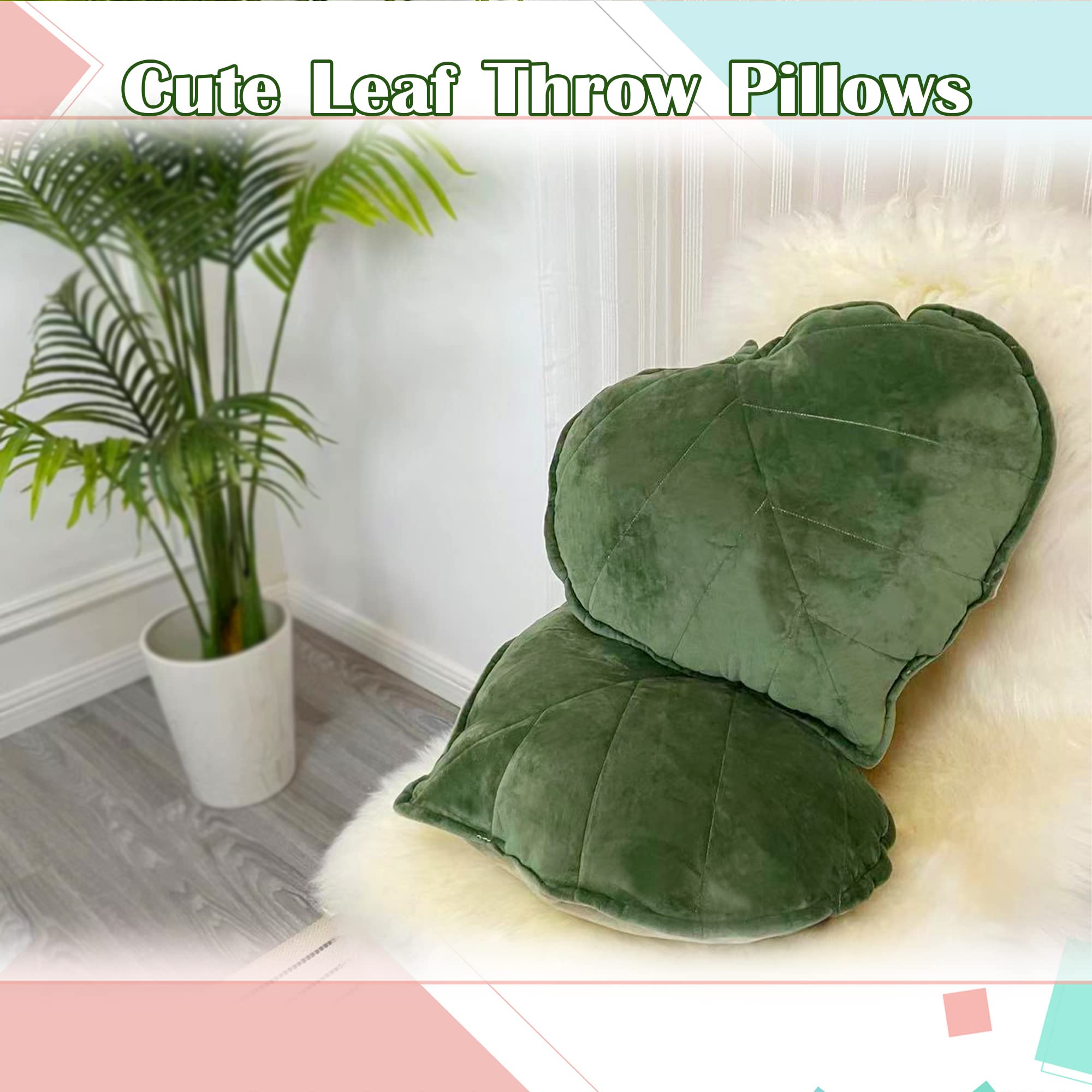 3D Leaf Shaped & Succulent Throw Pillows - Green Aesthetic Decorative Cushions for Bed, Sofa & Home Decor (Pack of 2) | Perfect for Living Room, Bedroom & Nursery Plant-Themed Decor