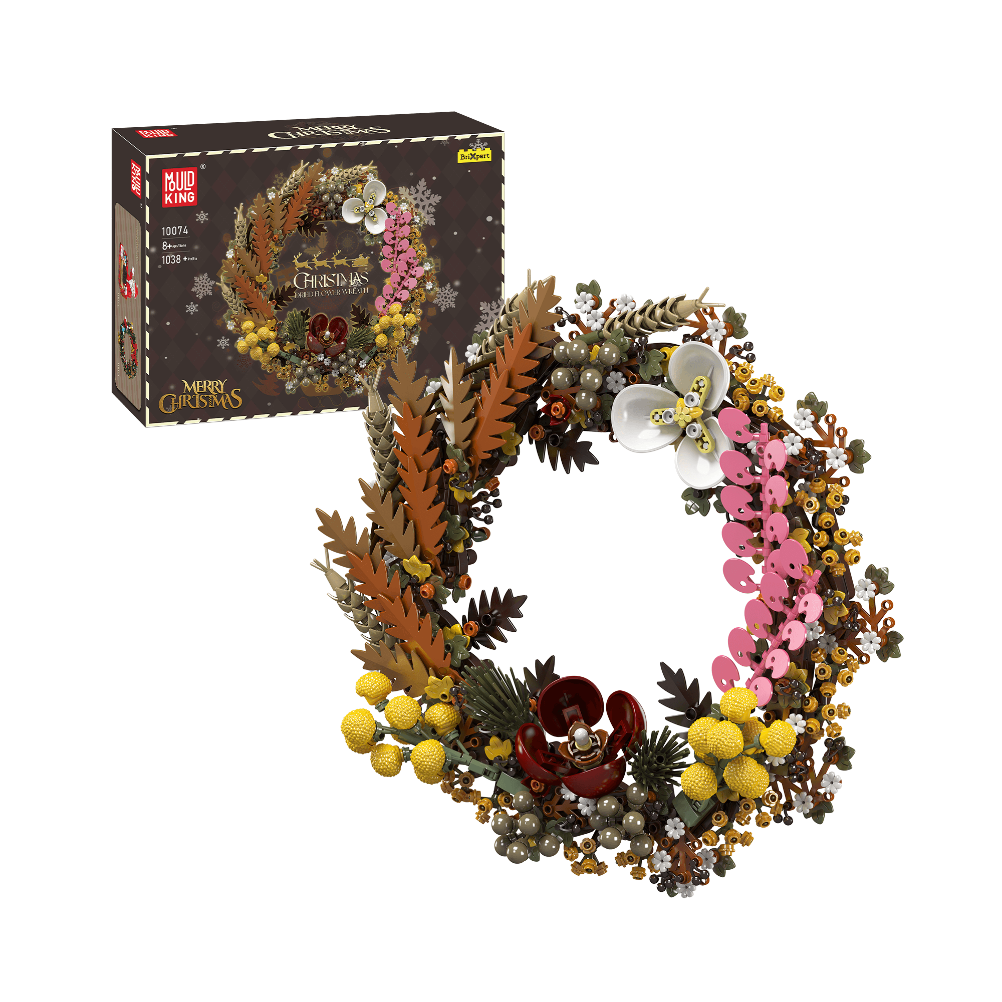 Mould King 10074 Christmas Dried Flower Wreath Building Set - 1,038 PCS DIY Holiday Home Decor for Christmas Tree, Fireplace & Front Door Decoration