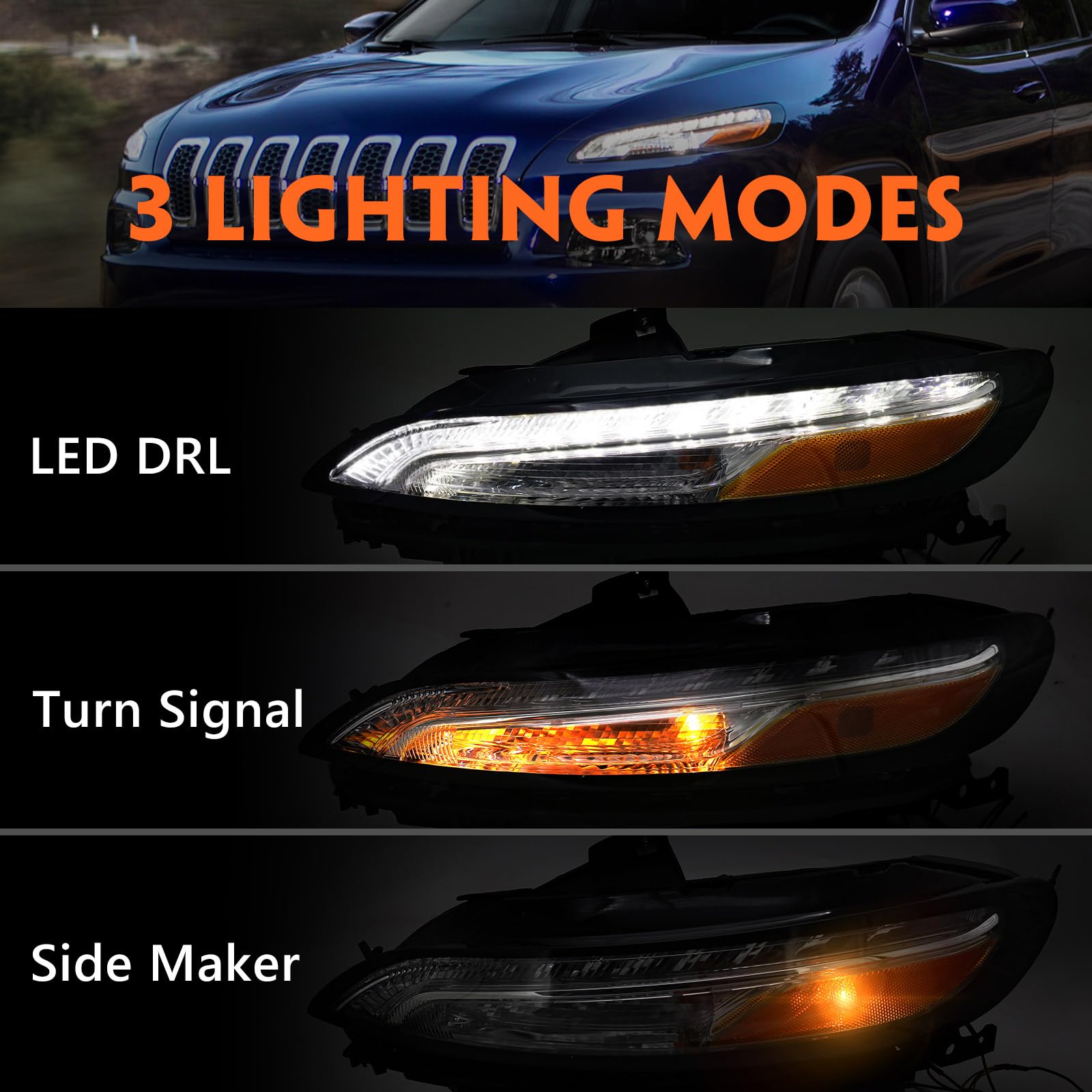 FIONE LED Daytime Running Lights (DRL) & Fog Lamps for Jeep Cherokee 2014-2018 - Pair of DRL Turn Signal Lights for Driver & Passenger Side - Upgrade Your Off-Road Adventure & Night Driving Safety