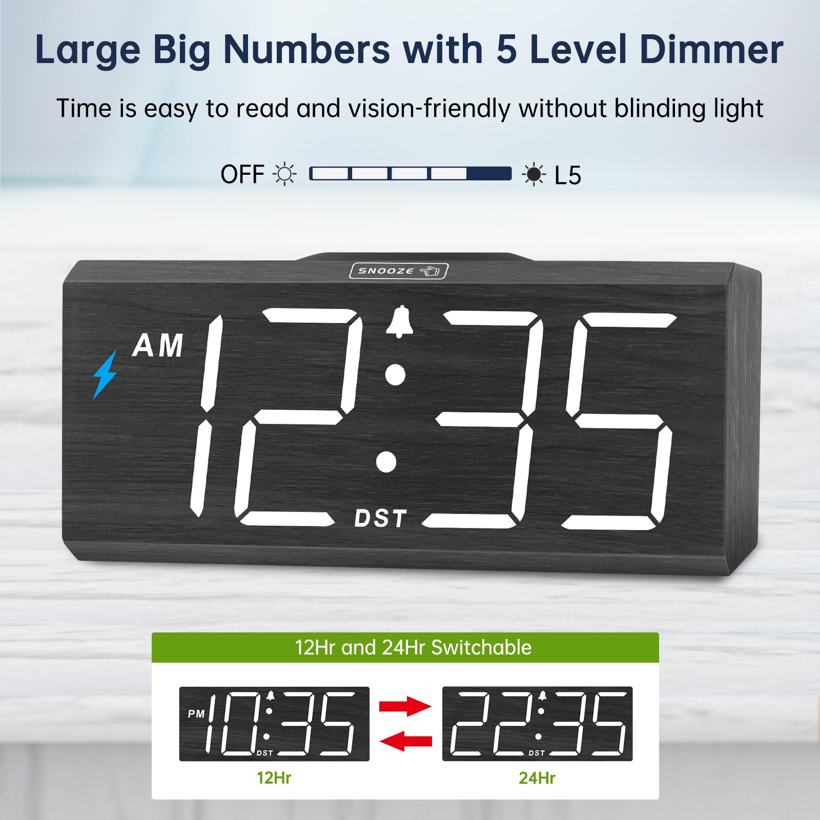 DreamSky Wooden Digital Alarm Clock with Wireless Charging - USB Charger Station, Large Display, Adjustable Volume & Brightness for Bedroom, Nightstand | Perfect for Home, Office, Travel & Gift Giving
