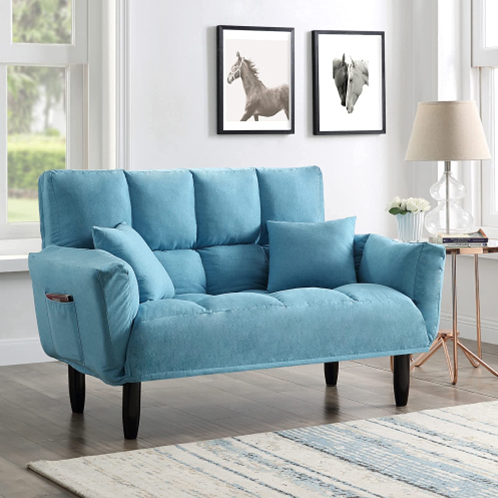 Convertible Futon Sofa Bed with 2 Pillows - 3-Position Recliner Loveseat Sleeper with Adjustable Armrests & Non-Slip Rubber Legs - Space-Saving Multi-Functional Couch for Small Apartments, Dorms, Living Rooms & Guest Rooms