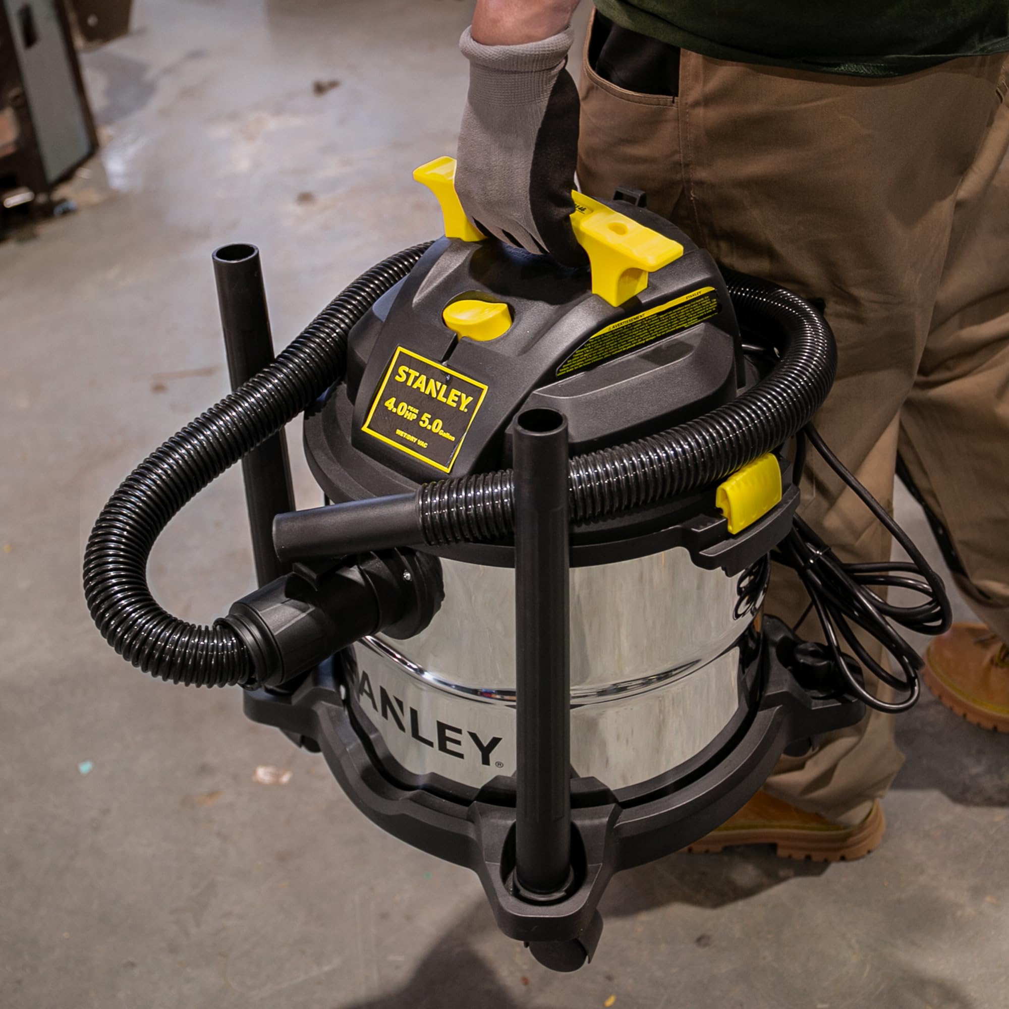 STANLEY SL18115 5-Gallon 4HP Wet/Dry Vacuum Cleaner with Stainless Steel Tank - Portable Shop Vac for Home, Workshop & Jobsite - Includes Vacuum Attachments for Dust Collection (Silver & Yellow) - Perfect for Garage Cleaning, Construction Debris & DIY Projects