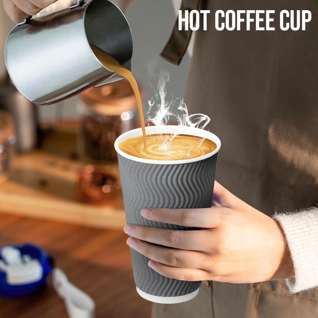 16oz Insulated Paper Coffee Cups with Lids - 100 Pack Disposable Ripple Design Cups for Hot & Cold Beverages - Perfect for Coffee, Tea, Juice, Water - Ideal for Offices, Cafes, Parties & Home Use (Gray)