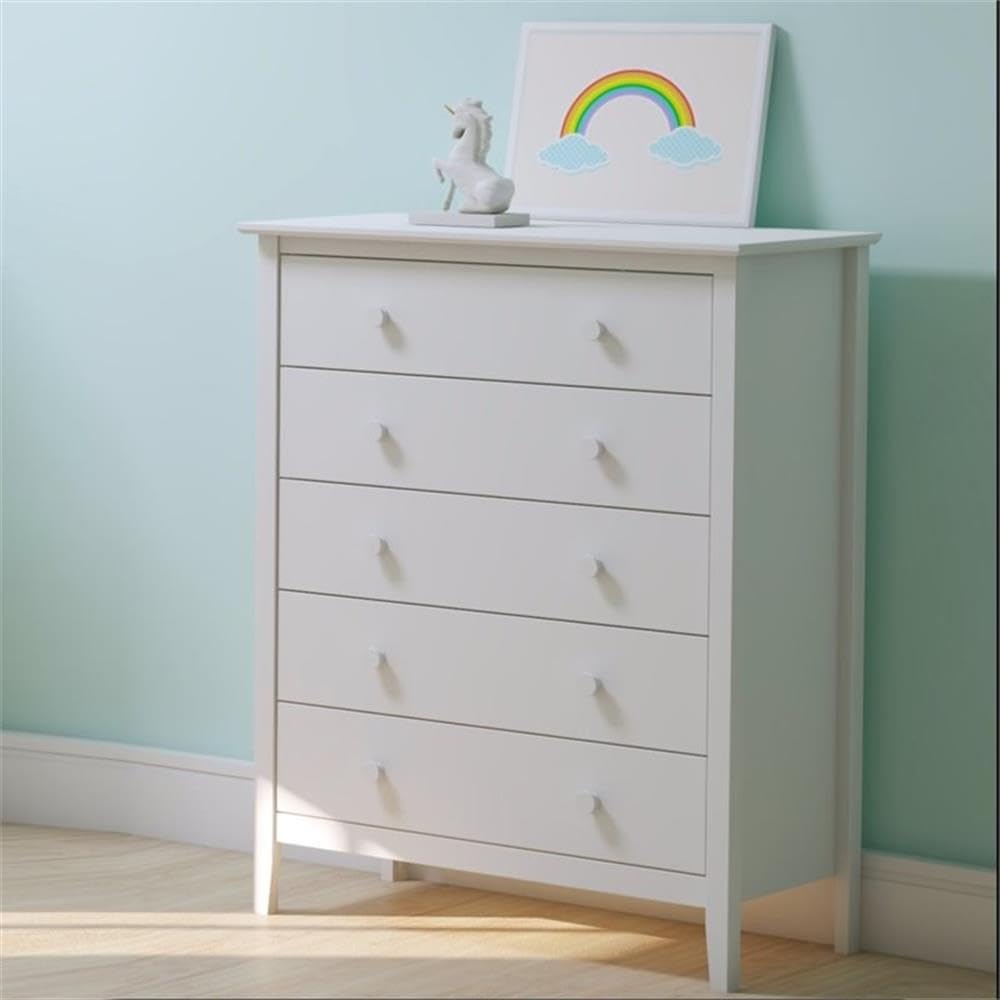 Simplicity Wood 5-Drawer Kids Dresser - Anti-Tip Safety Chest with Metal Glides & Wooden Knobs - Brazilian Pine & Veneers - White - Perfect for Kids Bedroom, Nursery, or Playroom Storage Organization