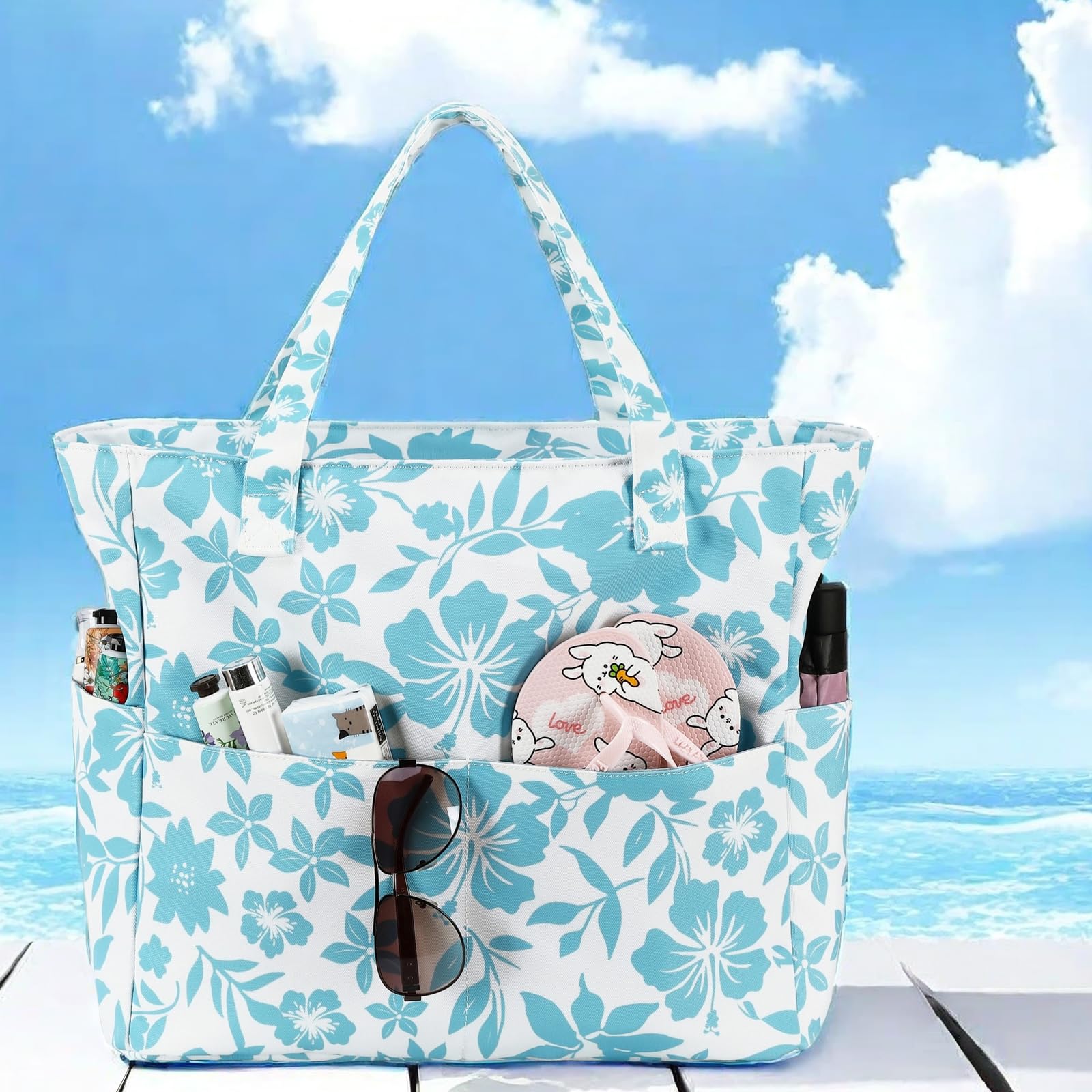 LEDAOU Large Waterproof Beach Tote Bag for Women - Sandproof Zippered Pool & Gym Bag with Wet Pocket - Perfect for Beach, Travel, Shopping & Groceries