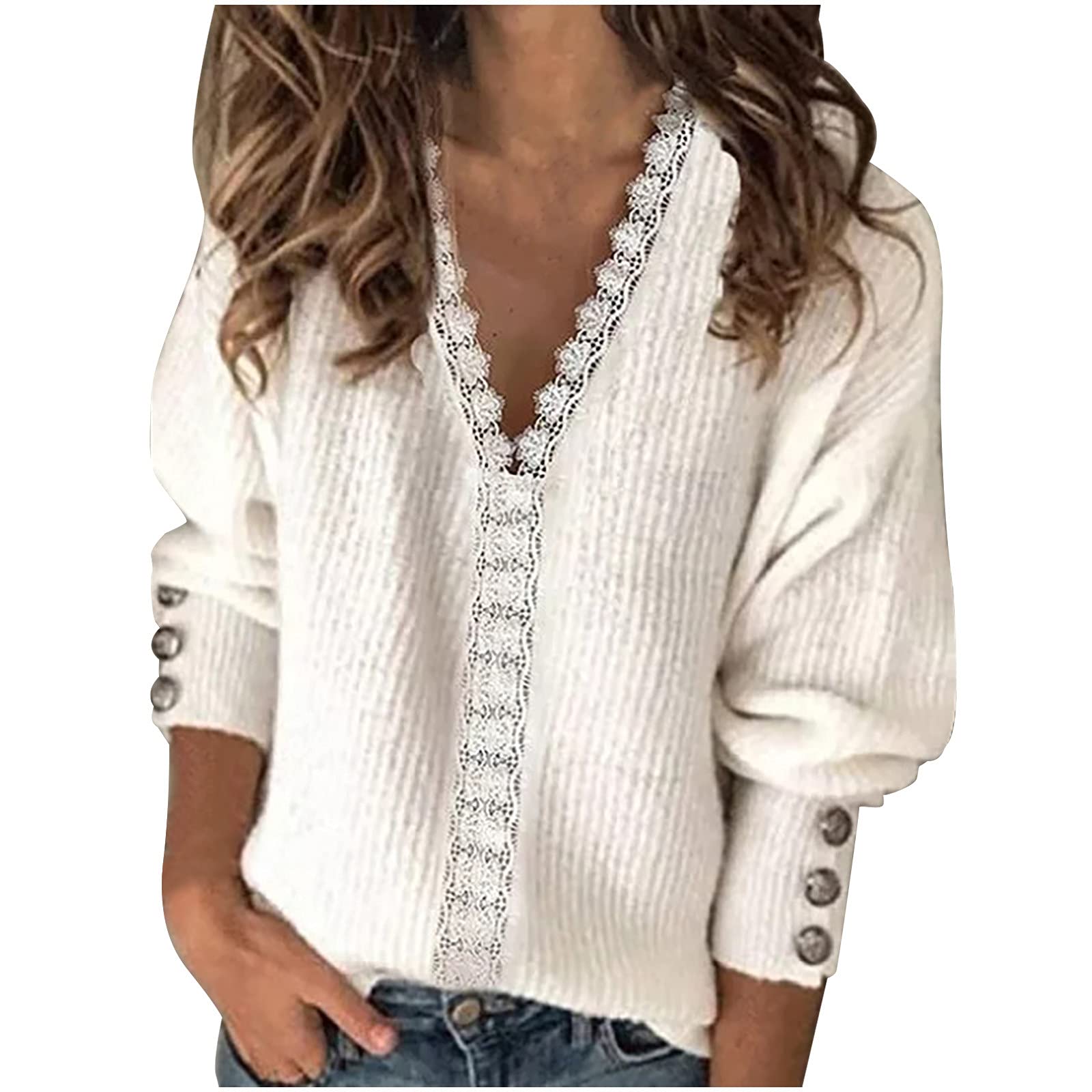 Women's Summer Fashion T-Shirts - Casual Loose Fit Solid Color Full Sleeve Button Down V-Neck Lace Blouse Graphic Tees | Perfect for Beach Outings, Date Nights & Casual Wear