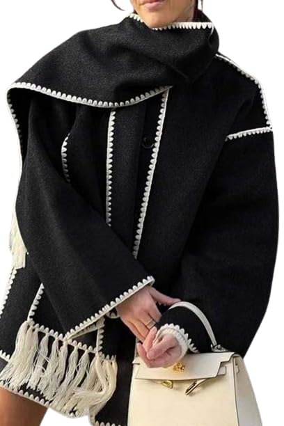 Women's Wool Pea Coat - Winter Warm Button Down Jacket with Tassel Scarf & Pockets | Outerwear for Work, Dating & Cold Weather Fashion