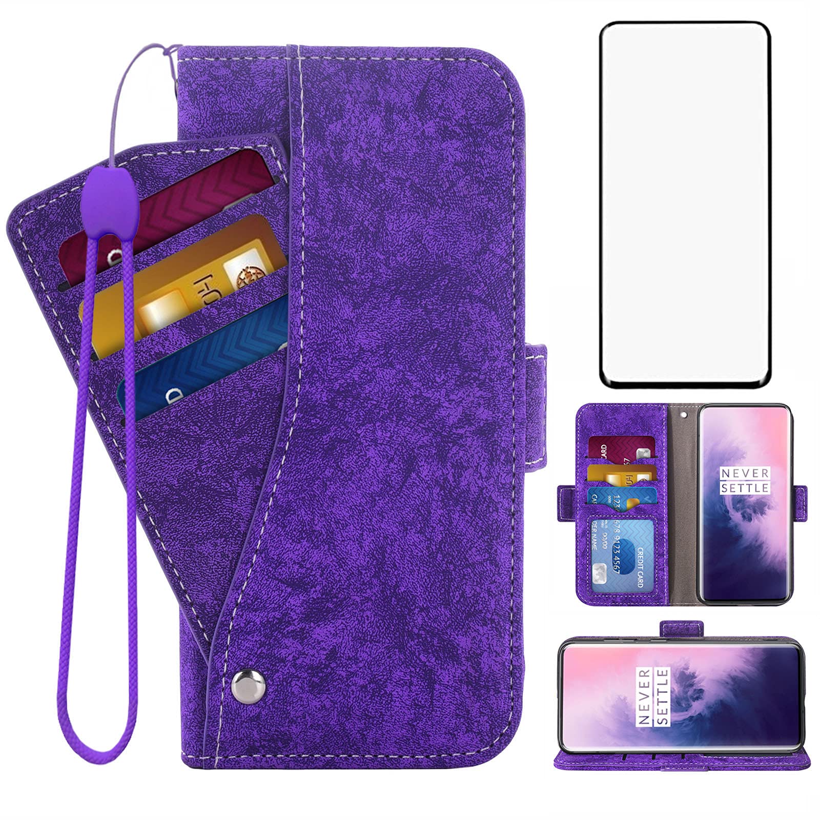 Asuwish OnePlus 7T Pro/7T Pro 5G McLaren Edition Wallet Case with Card Holder & Kickstand, Tempered Glass Screen Protector - Purple | Slim Flip Phone Cover for Daily Use, Business, Travel Protection