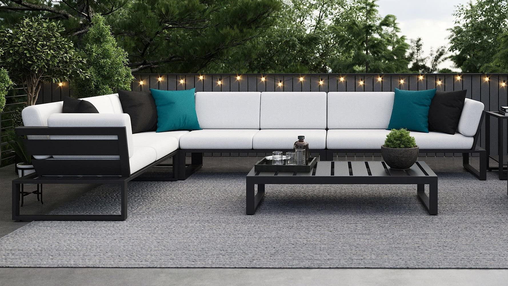 ZURI Modern Kore Outdoor Sectional Sofa with Quick-Dry Cushions & Durable Aluminum Frame - Waterproof Black/White Patio Furniture for Poolside, Garden & Backyard Relaxation