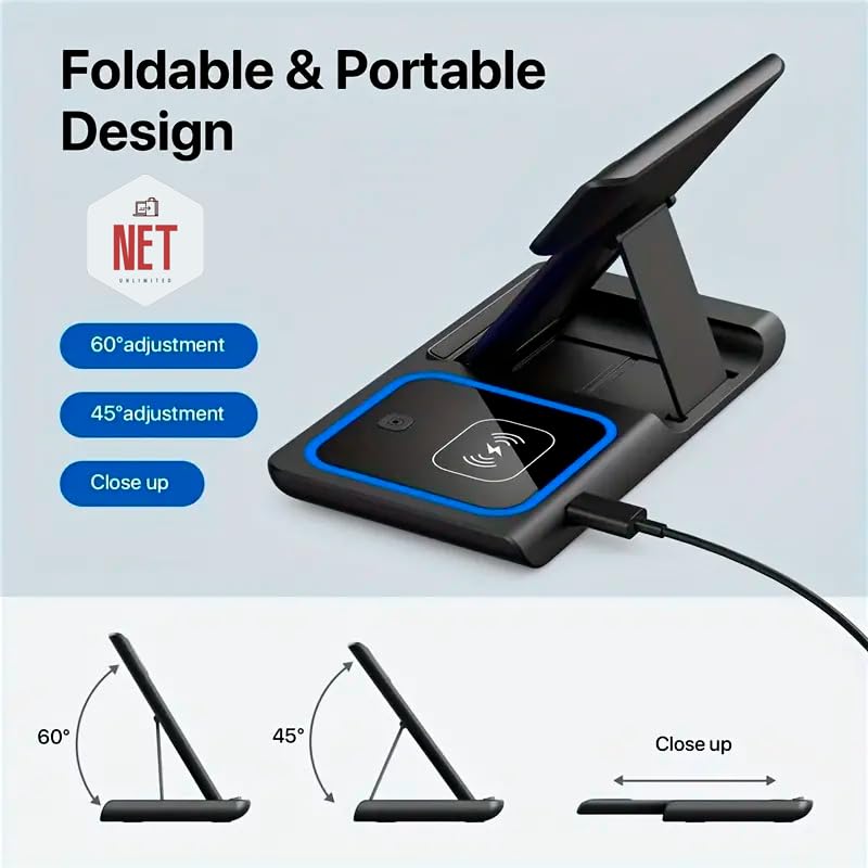 3 in 1 Fast Wireless Charging Station - Foldable Stand for iPhone, Samsung, Xiaomi & More (Black) | Perfect for Bedside, Office & Travel Charging