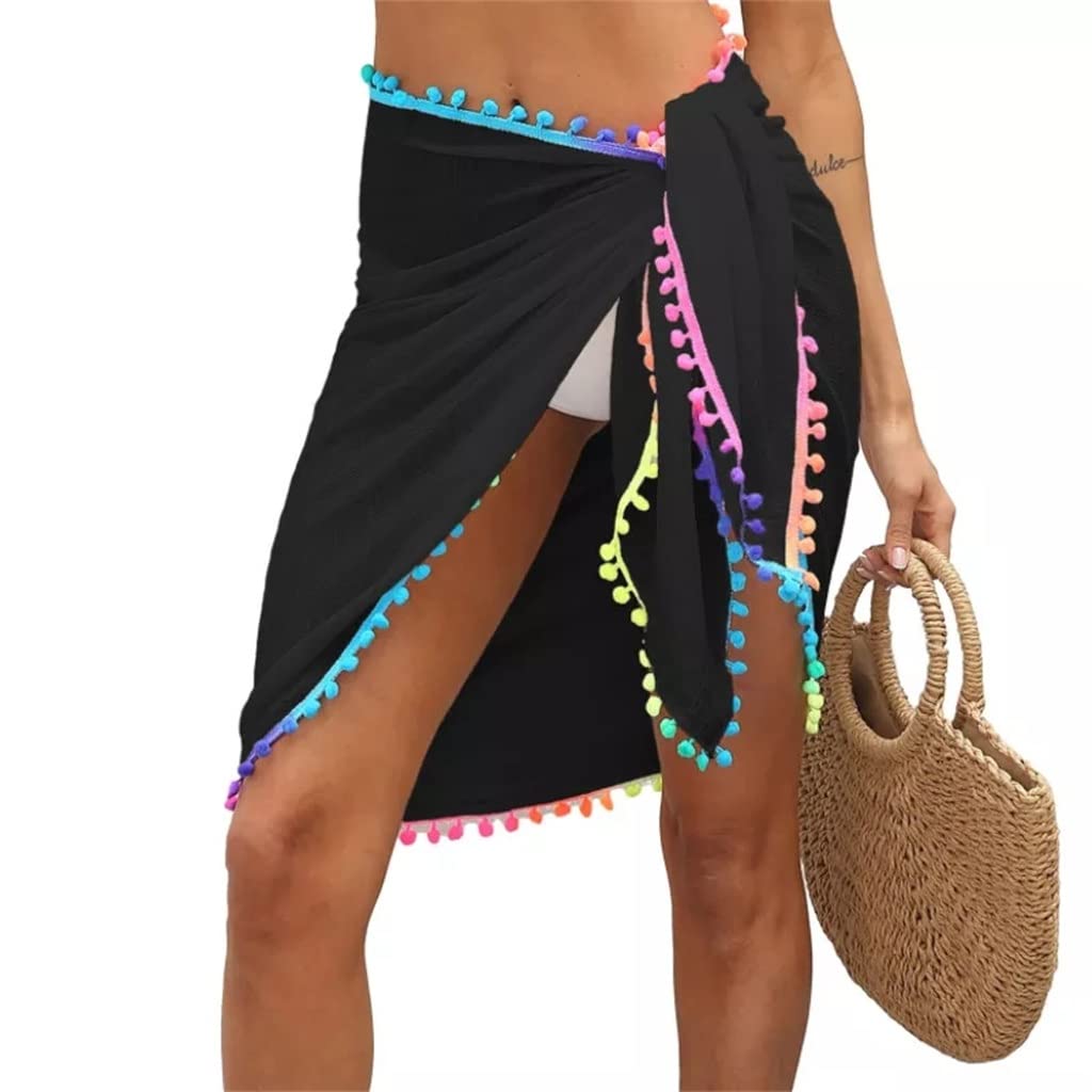 Sexy Sheer Mesh Swimsuit Cover Up - Women's Beach Sarong Wrap Skirt with Colorful Pompom Tassel - Bikini Cover Up for Pool, Vacation & Summer Outfits (Black, One Size)
