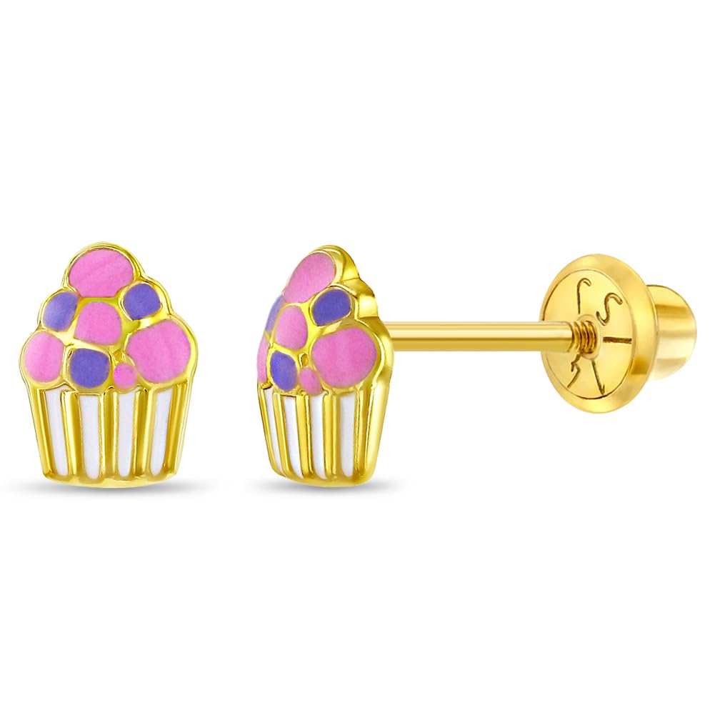 14k Yellow Gold Colorful Enamel Cupcake Screw Back Earrings for Toddlers & Girls - Cute Kids Jewelry Gift for Birthdays & Parties | Hypoallergenic, Comfortable & Fashionable