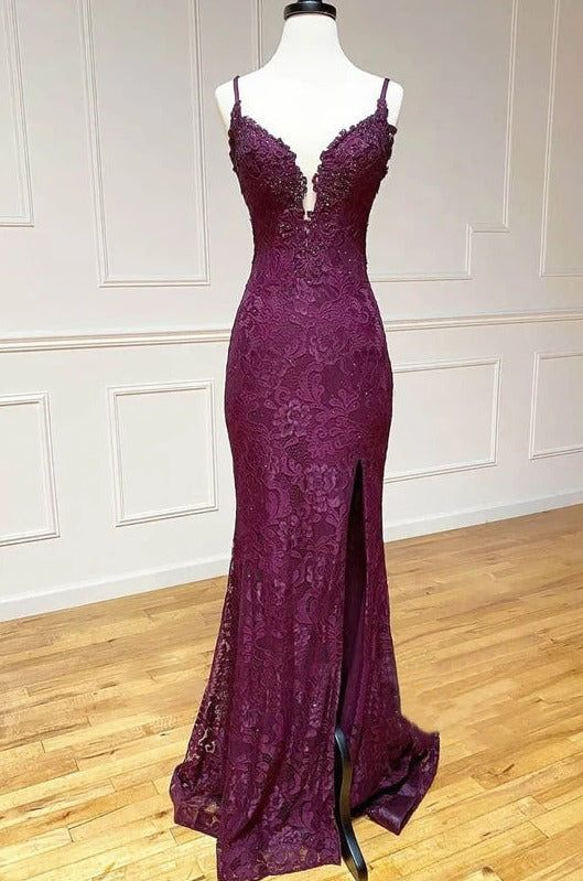 Elegant Mermaid Grape Lace Long Prom Dress with High Slit - Formal Evening Gown for Homecoming, Wedding, Party J6556 | Perfect for Special Occasions & Red Carpet Events