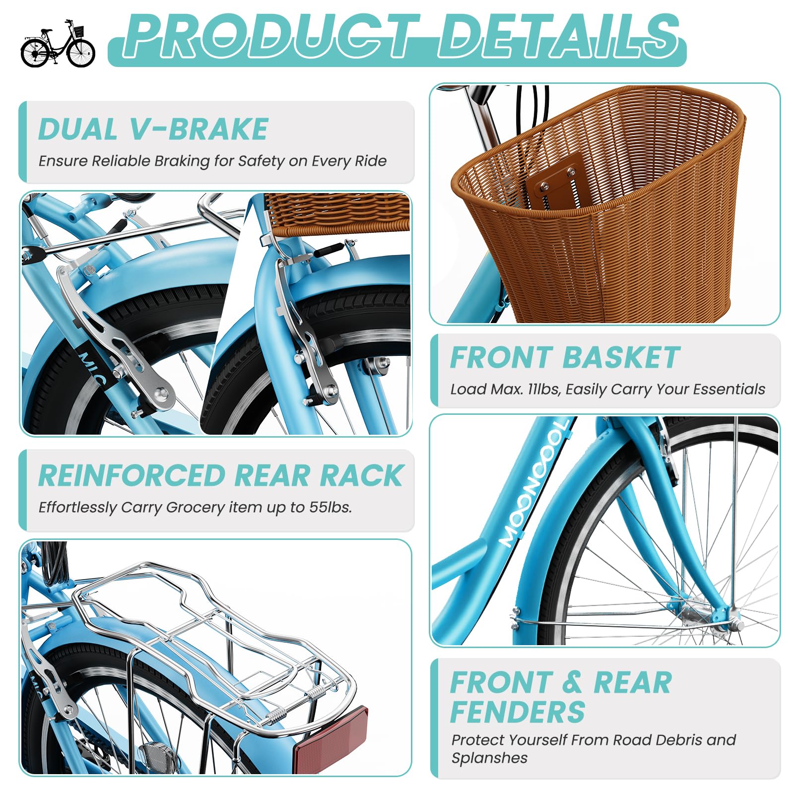 DoCred 24/26 Inch 7-Speed Lightweight Women's City Bicycle - Comfortable Beach Cruiser Bike with Rattan Front Basket & Lock - Perfect for Commuting, Leisure Rides & Beach Outings