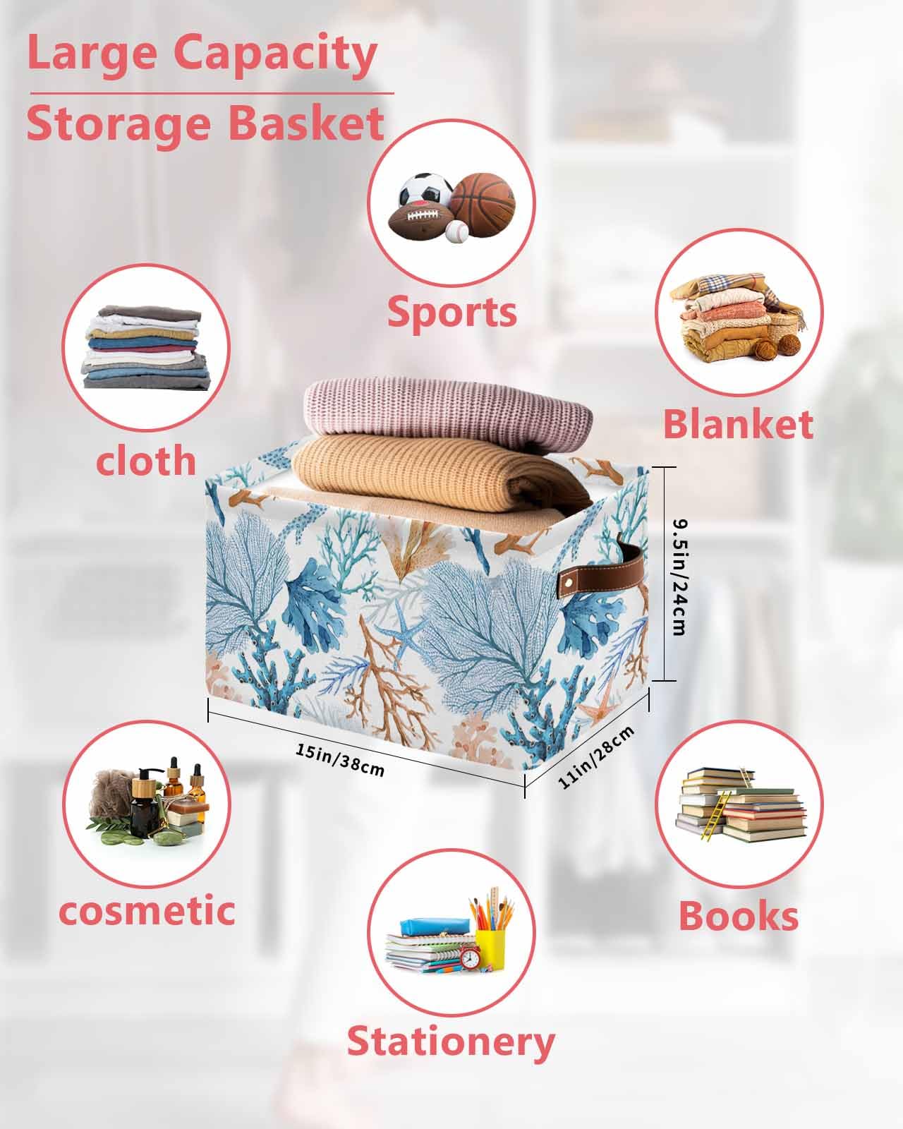Large Collapsible Storage Bins with Handles - Summer Ocean Blue Coral Seamless Storage Baskets, Starfish Marine Life Cube Organizers for Shelves, Closet, Nursery | Perfect for Home Organization, Kids' Room & Beach-Themed Decor