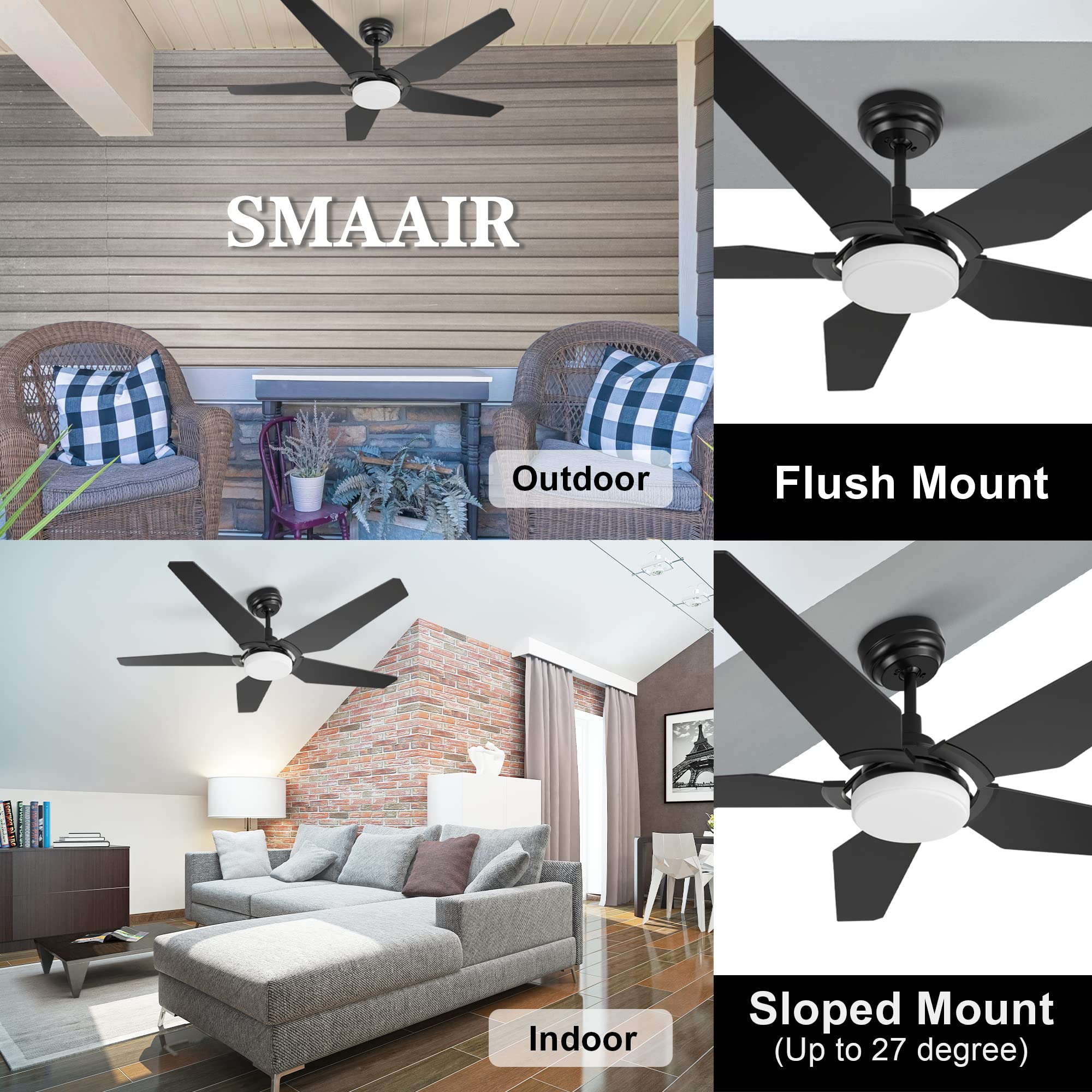 SMAAIR 52 Inch Smart Ceiling Fan with Light - 5 Blade Low Profile Flush Mount Fan, 10 Speed DC Motor & Dimmable LED - APP/Alexa/Google Assistant/Siri Shortcuts Compatible - Perfect for Bedroom, Living Room, Office (Black)