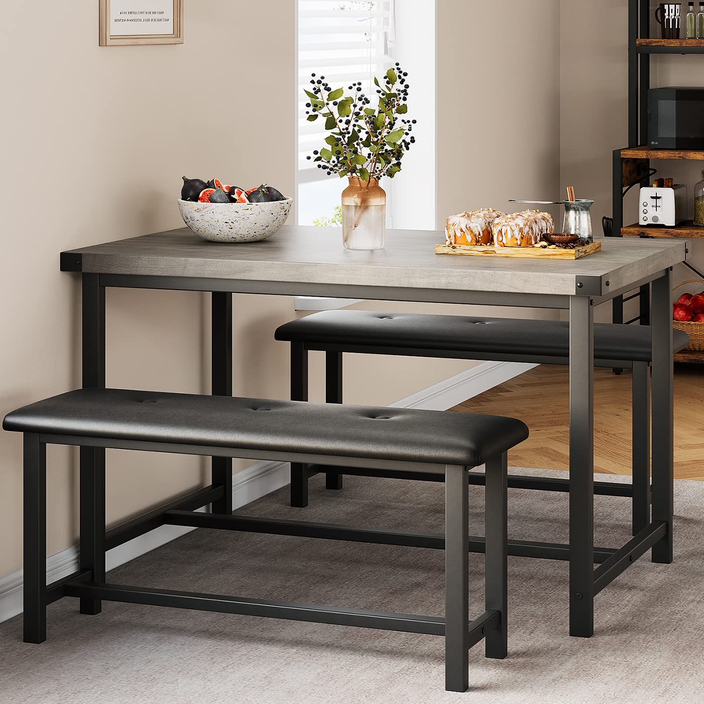 IDEALHOUSE 4-Piece Retro Gray Dining Table Set with 2 Upholstered Benches - Space-Saving Rectangular Kitchen Table for Small Apartments, Studios & Compact Spaces | Perfect for Breakfast Nooks, Cozy Meals & Entertaining Guests