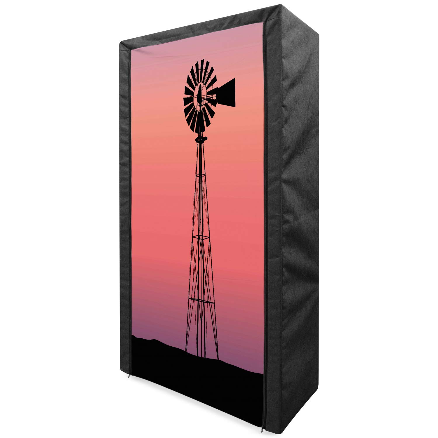 Ambesonne Portable Fabric Wardrobe with Shelves - Windmill Silhouette Sunset Design, 33.5