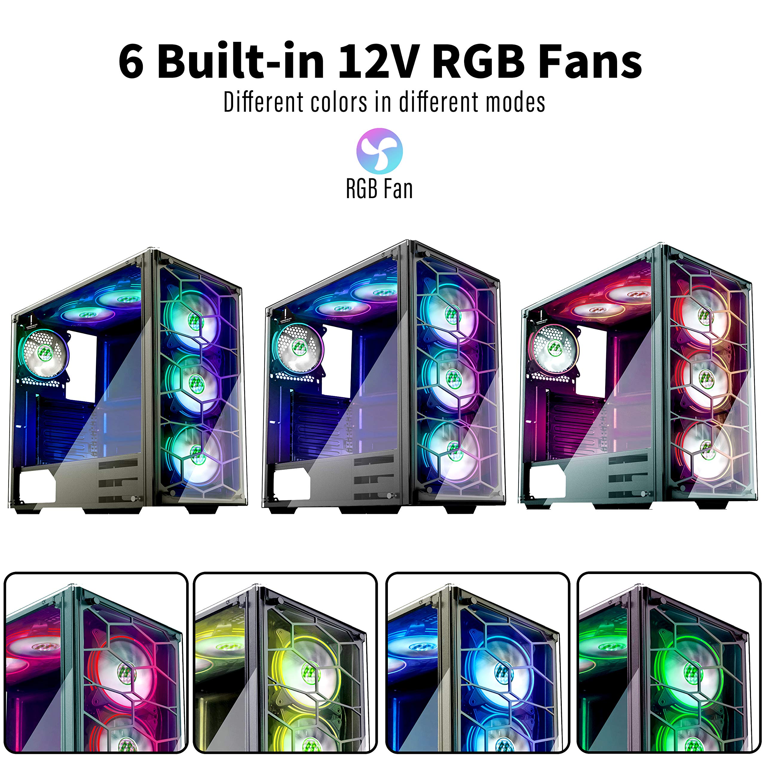 MUSETEX Phantom Black ATX Mid-Tower PC Gaming Case with 6 RGB Fans, USB 3.0, Tempered Glass Panel - Excellent Cable Management & Airflow for High-Performance Gaming PCs - Perfect for Esports, Streaming & Content Creation
