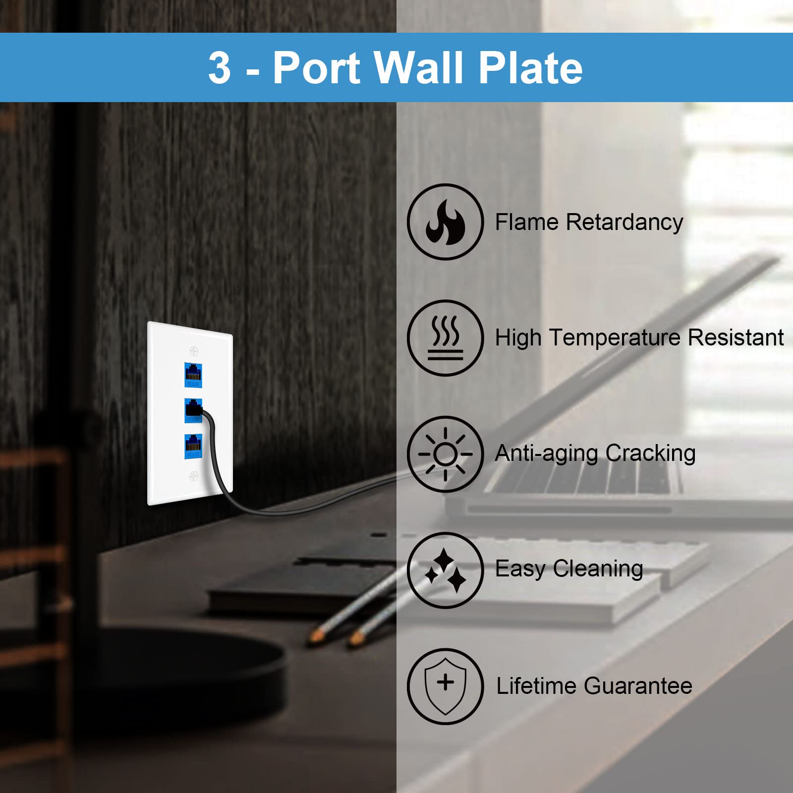 Iwillink 10-Pack Low Profile 3-Port Keystone Wall Plate for Ethernet & Network Jacks - White - Perfect for Home & Office Network Installations