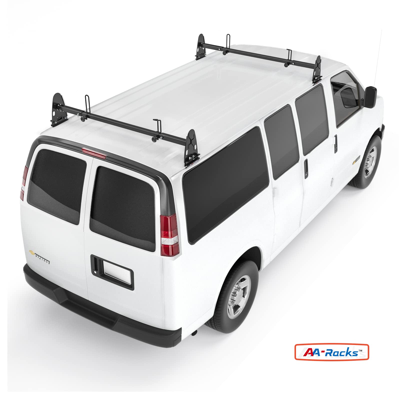 AA-Racks Model X27 Heavy-Duty Steel Van Roof Rack - 2-Bar Square Rain Gutter Mount System with Ladder Stoppers (Black) | Perfect for Cargo Carriers, Kayak & Ladder Transport on Work Vans