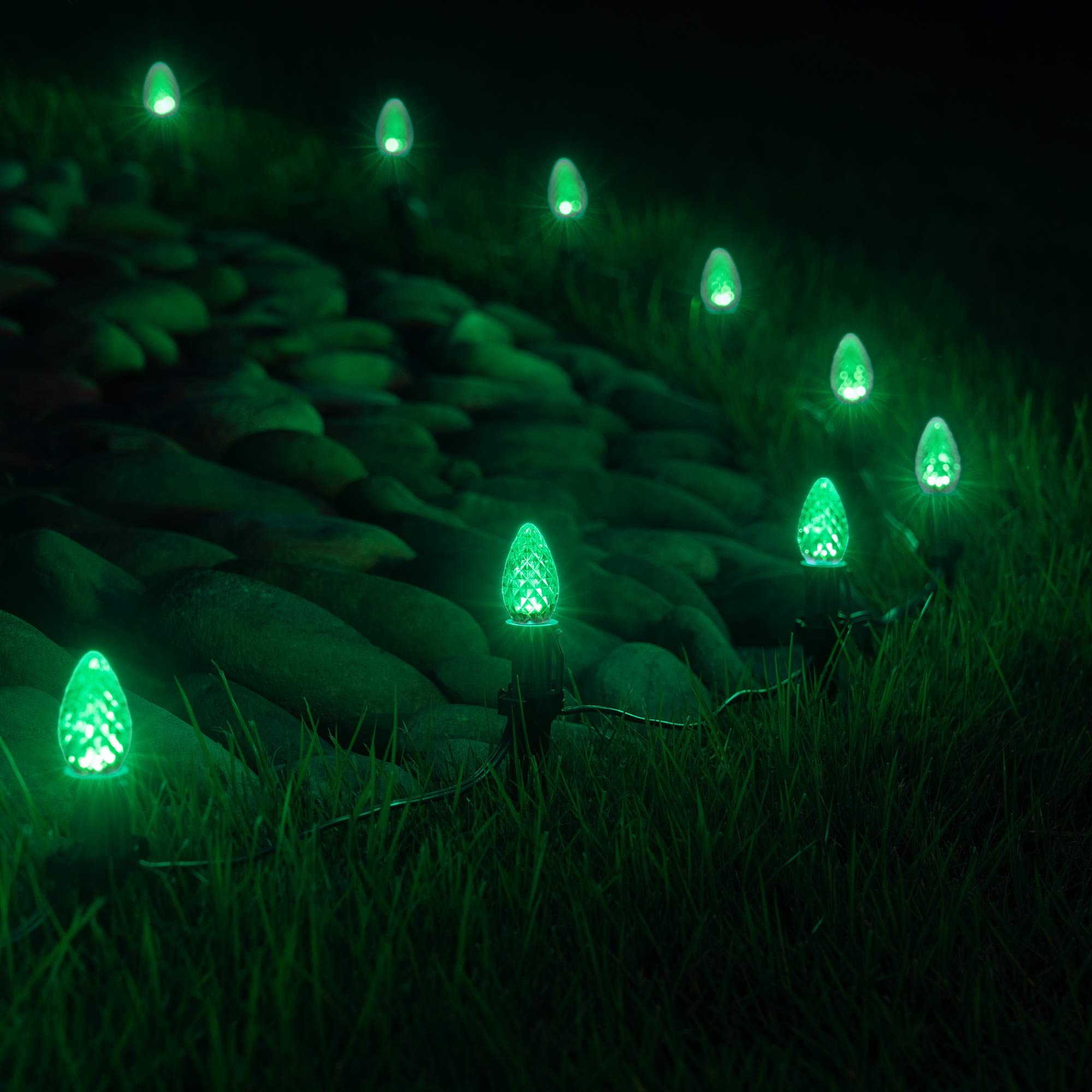 50’ OptiCore LED C7 Green Christmas Pathway Lights - Outdoor Driveway & Walkway Decoration with 4.5” Stakes, Green Wire Plug String Lights - Perfect for Holiday Yard, Garden & Landscape Lighting