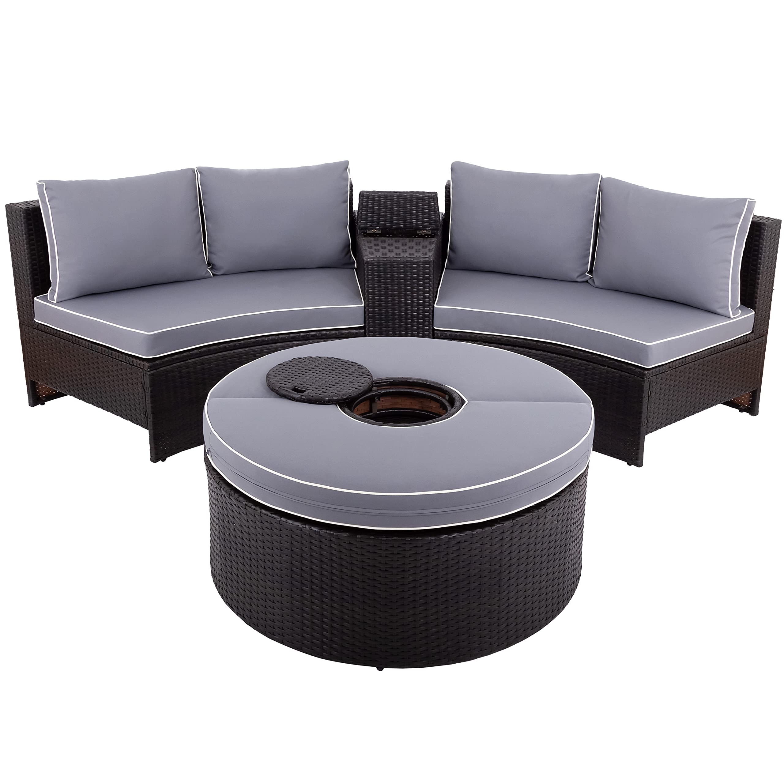 6-Piece Patio Rattan Sectional Half Round Sofa Set - Outdoor Conversation Furniture with Storage Side Table & Multifunctional Round Table - Perfect for Garden, Poolside & Backyard Relaxation