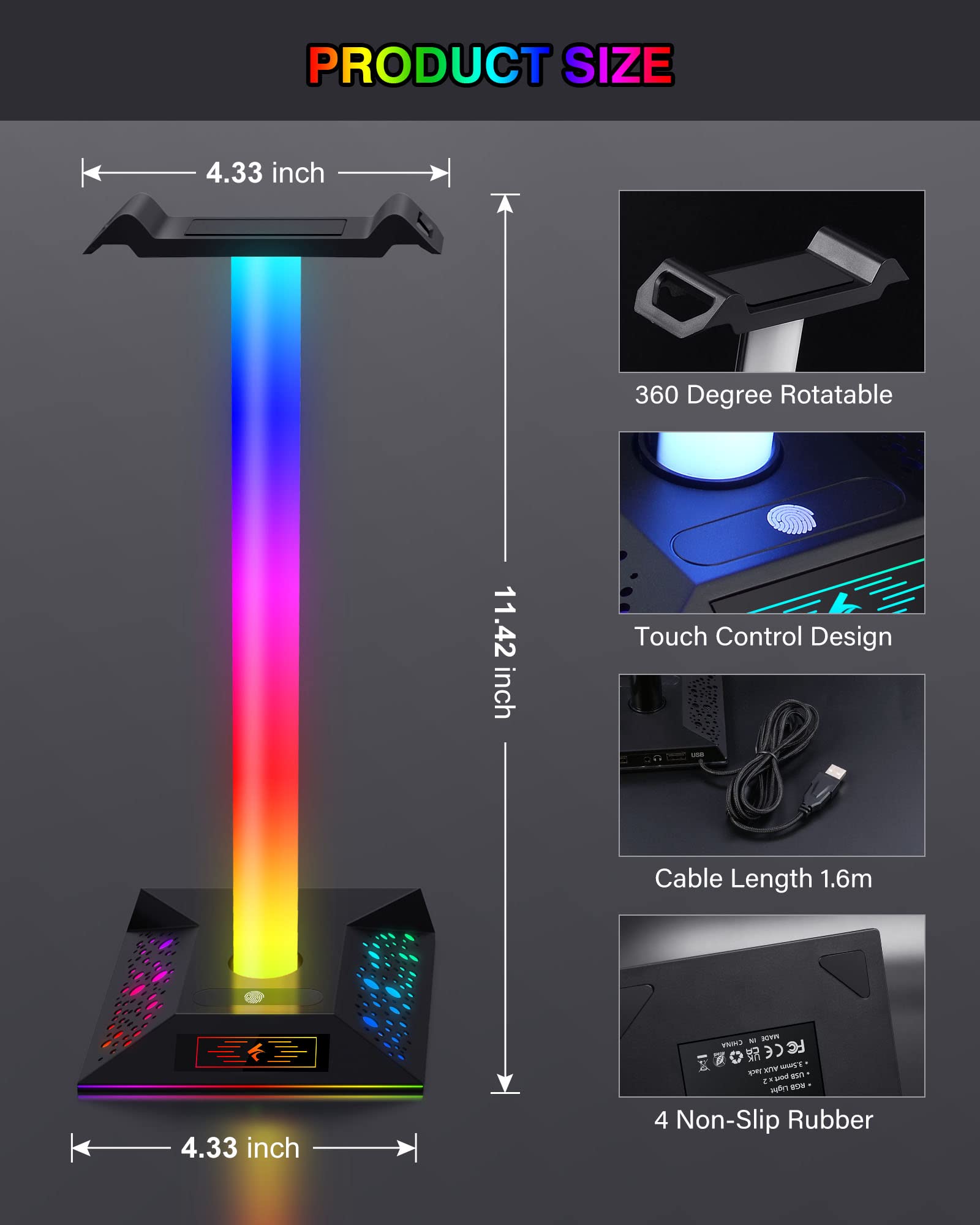 HCMan RGB LED Gaming Headset Stand with 2 USB Chargers - Premium Headphone Holder for PC Desk Accessories | Perfect for Gamers, Streamers & Home Office Setup