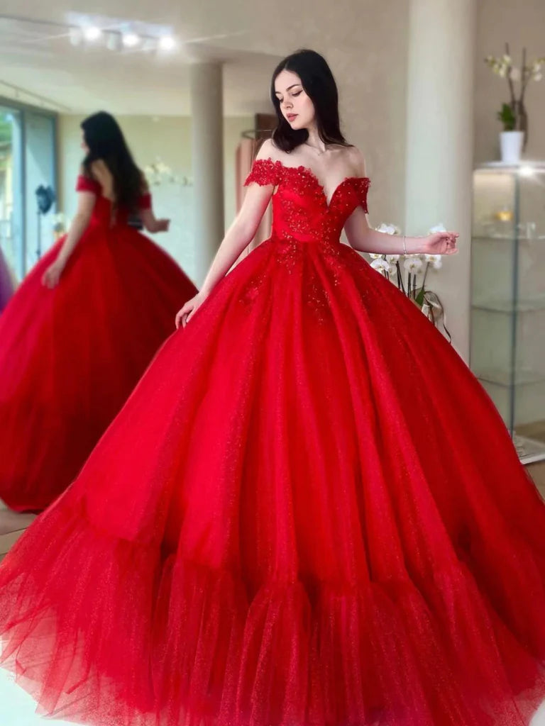 2025 Red Lace Off Shoulder Wedding Dress with Beaded Tulle & Sequin Details - Elegant Long Quinceanera Gown for Brides, Prom, and Special Occasions