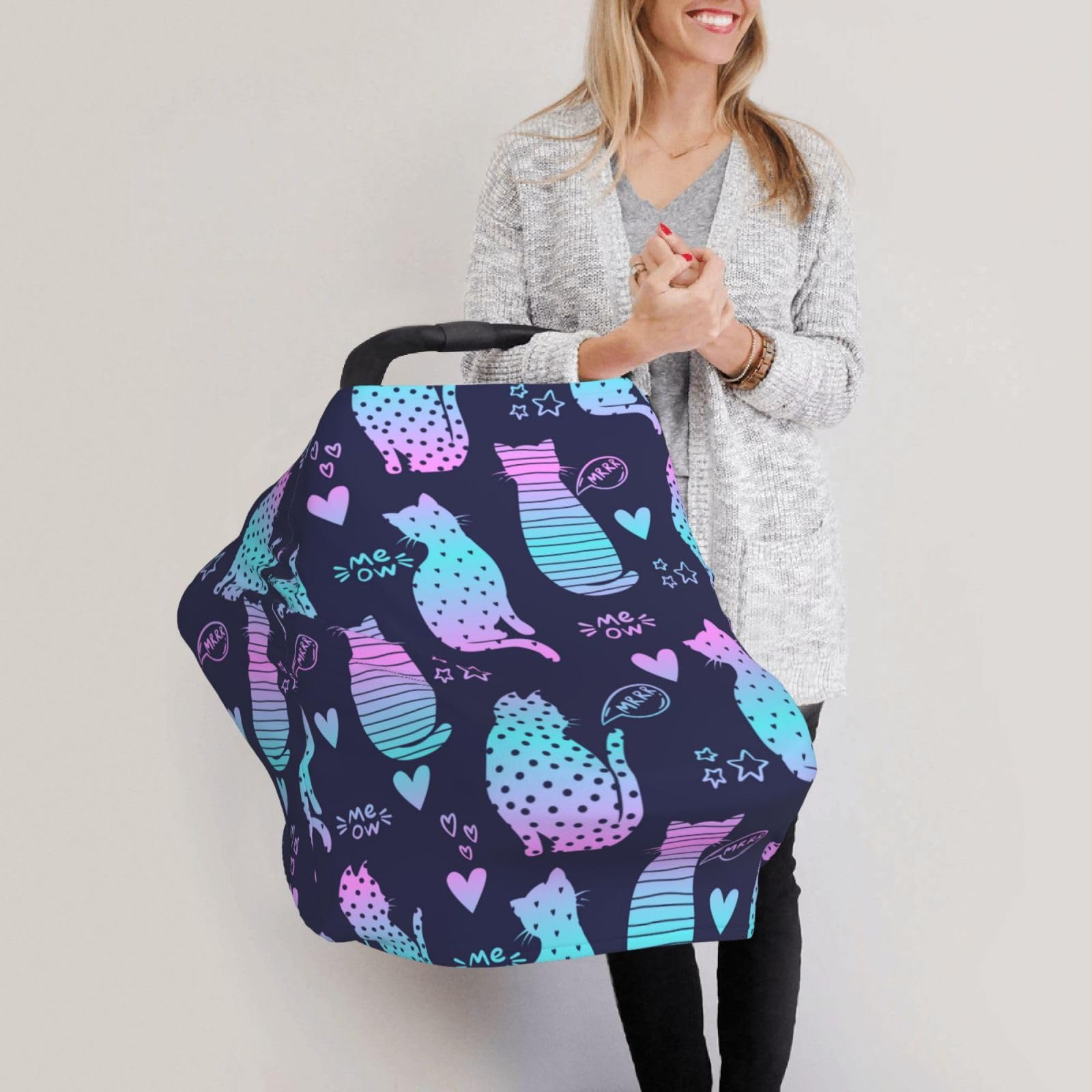 Neon Cats Baby Car Seat Cover & Nursing Canopy - Breathable Infant Stroller Cover for Newborns & Toddlers | Perfect Baby Shower Gift for Breastfeeding Moms (Home & Travel Use)