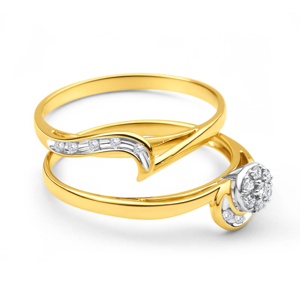 9ct Yellow Gold 2 Ring Bridal Set With 0.15 Carats Of Light Champagne Diamonds - Elegant Wedding & Engagement Ring Set for Brides, Perfect for Proposals, Anniversaries & Special Occasions