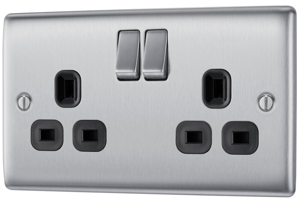 BG Nexus 13A Double Socket NBS22B - Brushed Steel Electrical Outlet for Home & Office | Wall Socket with Metal Finish for Living Room, Bedroom, and Workspace