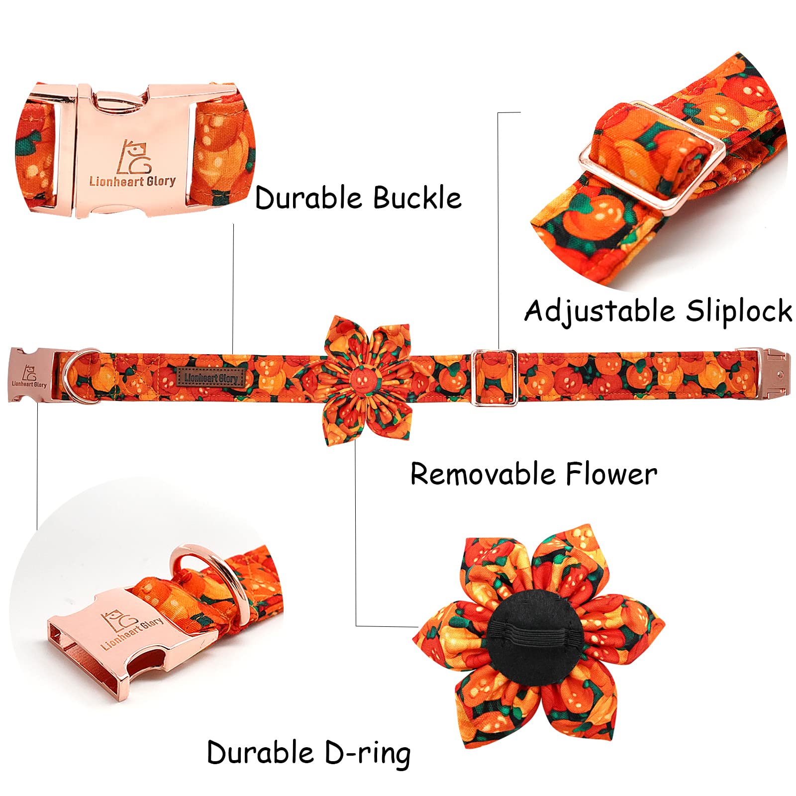 Premium Heavy Duty Adjustable Dog Collar with Flower - Lionheart Glory Fall & Halloween Pet Collar for Large Dogs | Durable, Stylish & Comfortable for Daily Walks, Training & Special Occasions
