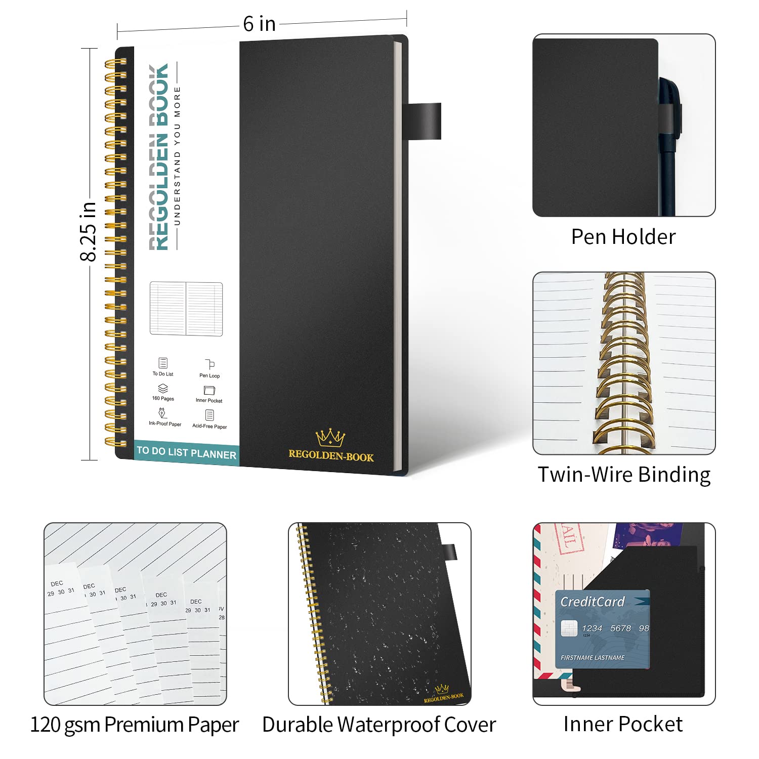Regolden A5 Undated Daily Planner Notebook - To Do List & Task Organizer for Productivity, Office Supplies Checklist for Women & Men, Pocket Size - Perfect for Work, School, and Personal Goal Tracking