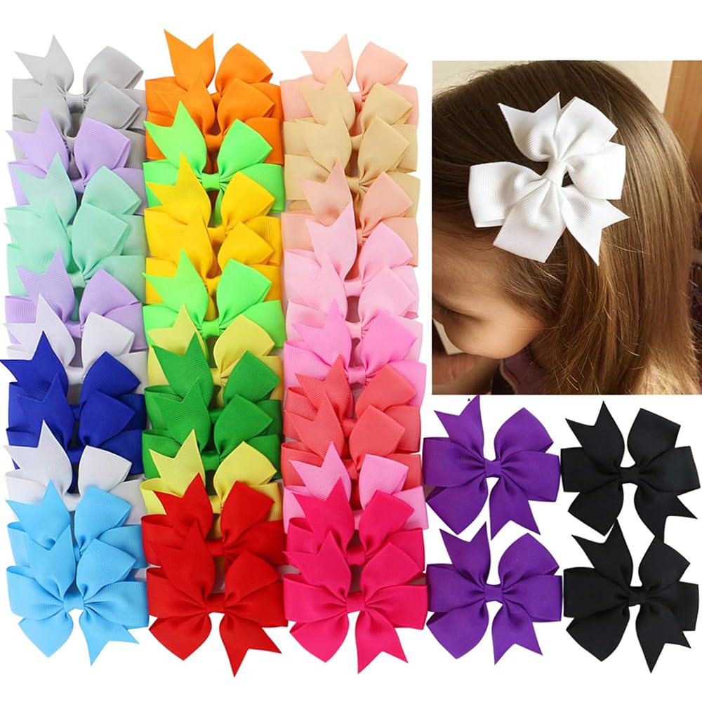 40-Piece 3 Inch Grosgrain Ribbon Pinwheel Hair Bows with Alligator Clips for Girls, Babies & Toddlers - Cute Hair Accessories for Kids & Teens - Perfect for Parties, School & Special Occasions