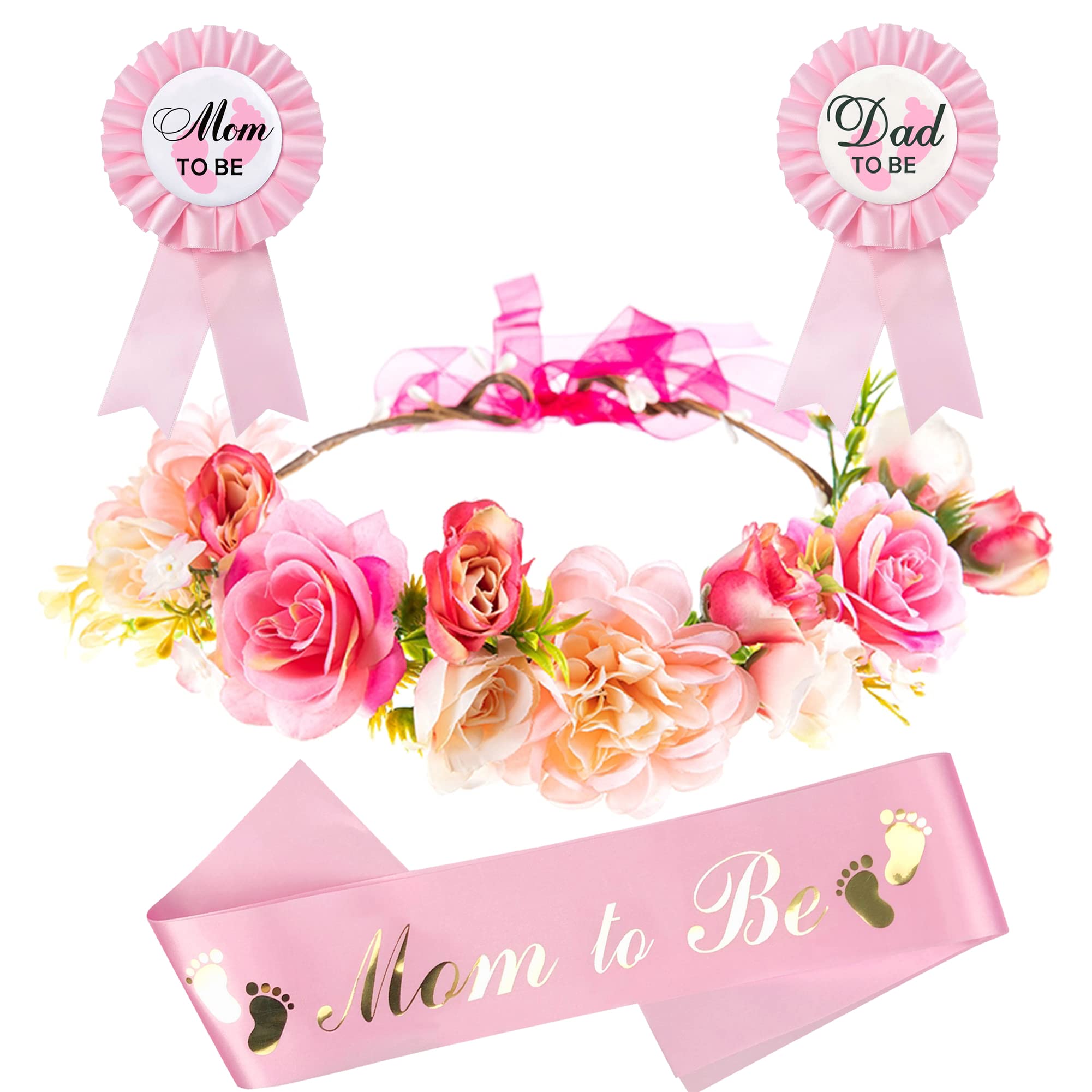 Adjustable Flower Crown Tiara & Sash for Baby Shower - Mom to Be & Dad to Be Corsage Pin Badge Kit - Gender Reveal Party Favors (Pink) - Perfect for Maternity Celebrations, Pregnancy Announcements & Gender Reveal Parties