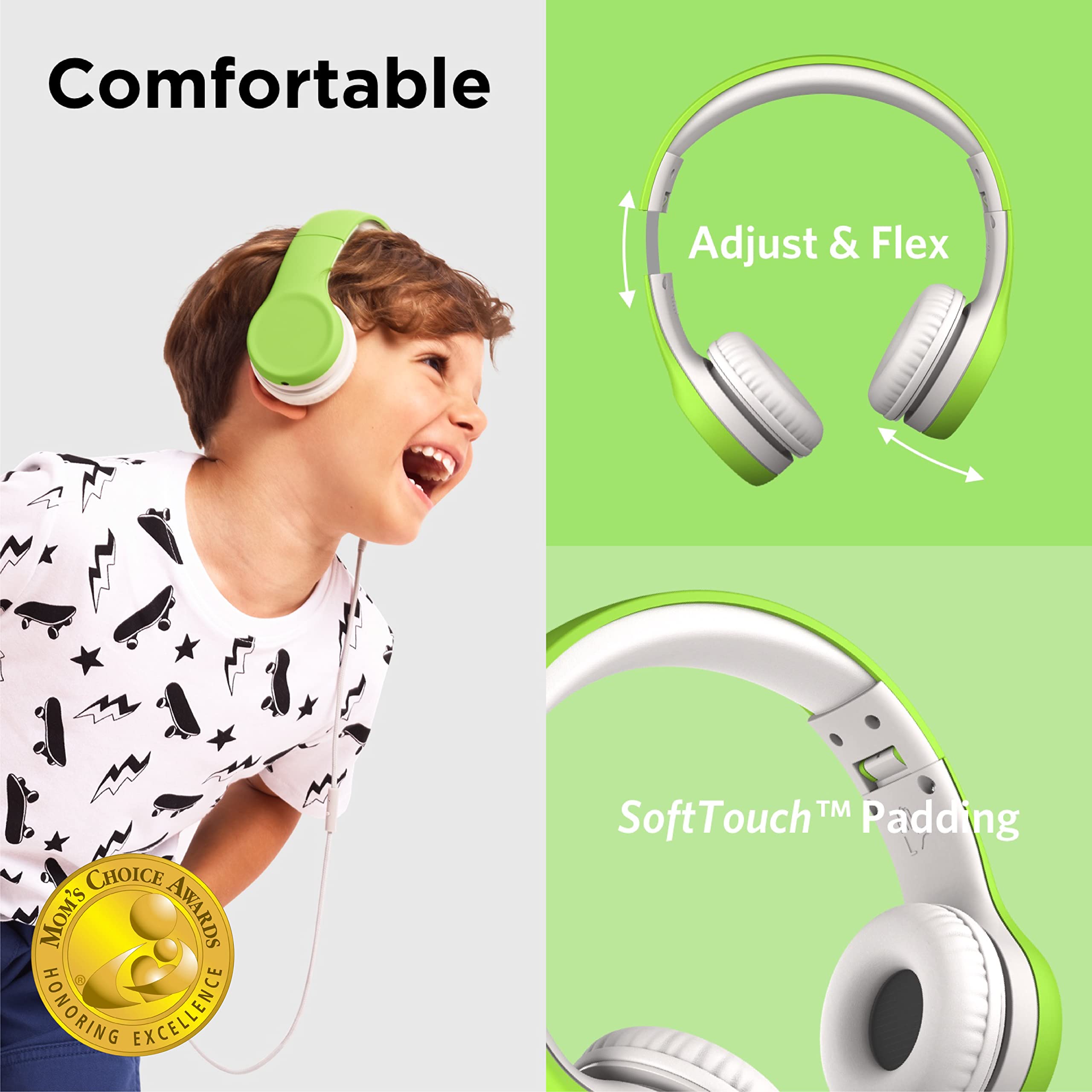 LilGadgets Connect+ Wired On-Ear Headphones for Kids - Volume Limiting & Noise Reduction with Built-in Microphone, SharePort Technology & SoftTouch Padding - Green Children's Headphones for School, Travel & Online Learning