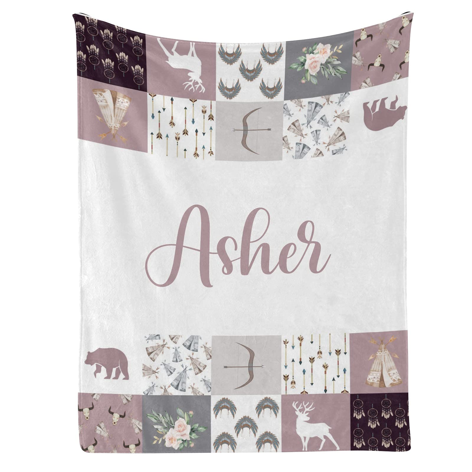 Personalized Deer Faux Patchwork Quilt - Custom Name Baby Blanket for Newborns, Girls & Boys - 30x40 Inch Swaddle Blanket Gift for Crib & Nursery - Perfect for Baby Showers, Christenings & First Birthdays