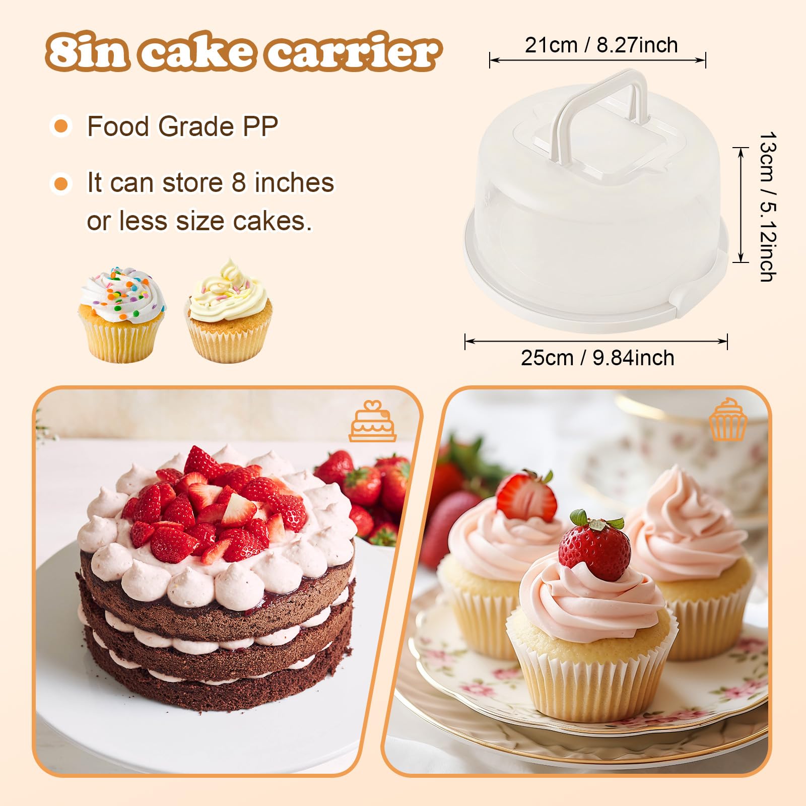 Portable Round Cake Carrier with Handle & Lid - 8 Inch Cake Storage Container, Serving Tray & Stand for Birthday Pies & Desserts | Perfect for Parties, Picnics & Home Baking