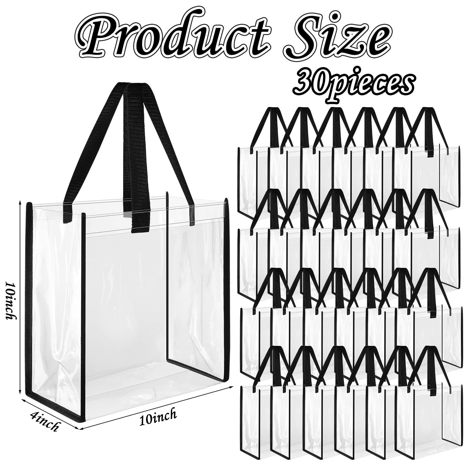 30 Pack Clear Stadium Approved Tote Bags - 10x10x4 Inch Plastic Gift Bags with Handles for Women, Sports & Gym - Perfect for Concerts, Beach Trips & Shopping (Black)