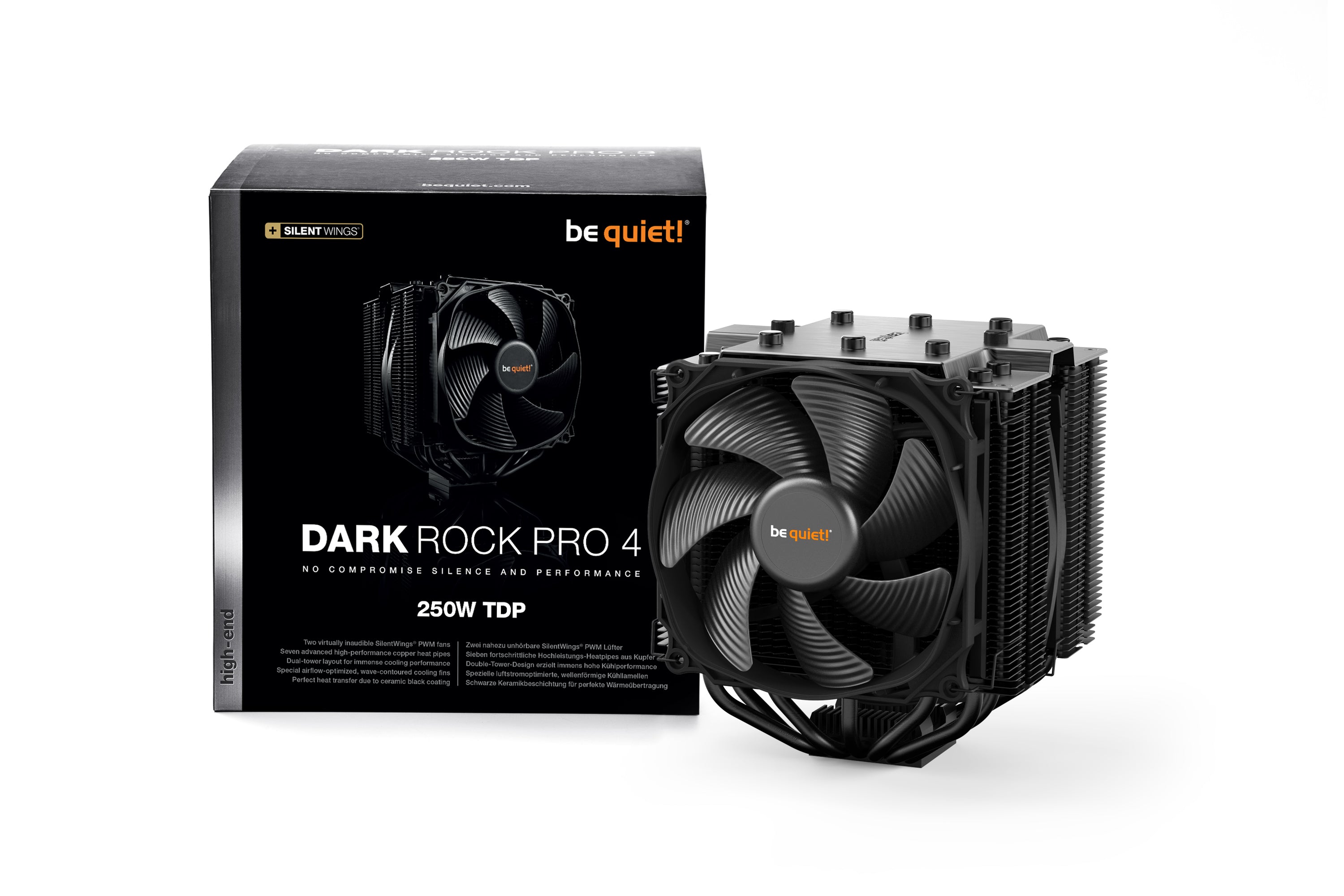 Dark Rock 4 PRO (BK022) High-Performance CPU Air Cooler - 250W TDP, 7x6mm Heatpipes, Silent Wings 14cm & 12cm Fans - Premium Cooling for Gaming PCs & Workstations
