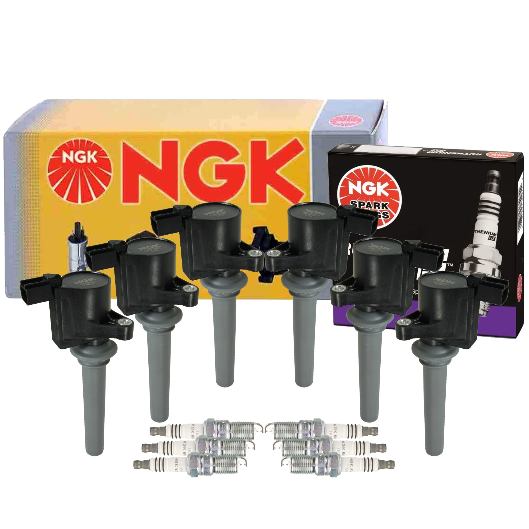 NGK 6 COP Ignition Coils & 6 Ruthenium HX Spark Plugs Kit Compatible with Ford F150 F250 Mazda Mercury - High Performance Engine Upgrade for Smoother Acceleration & Better Fuel Efficiency