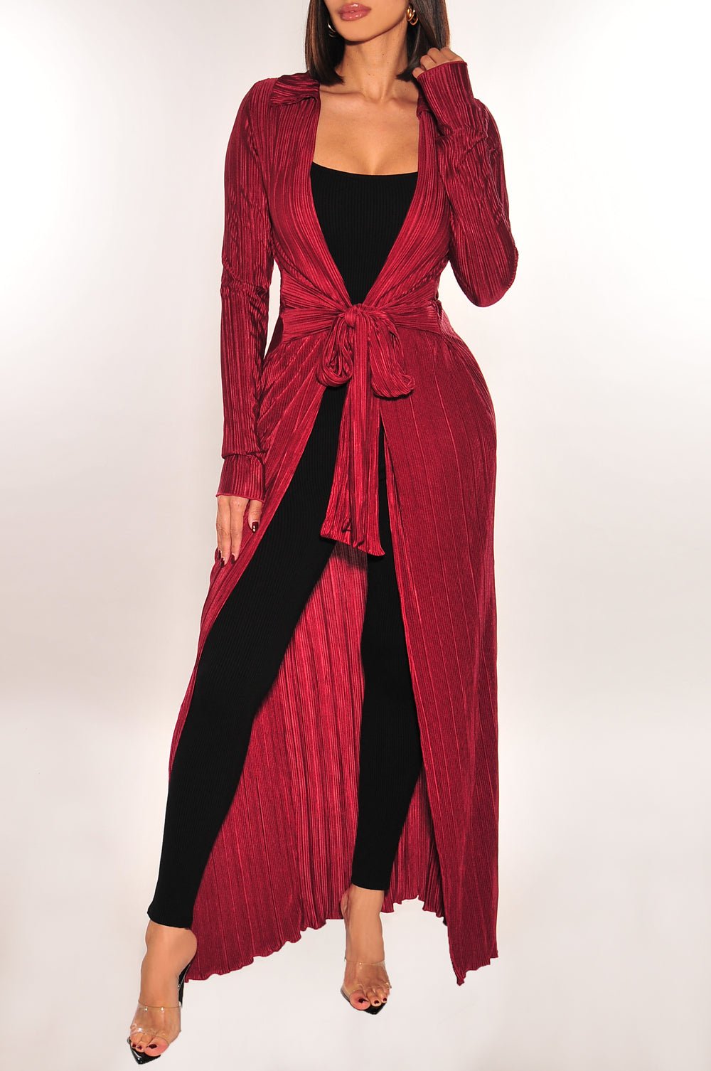 Elegant Burgundy Ribbed Collar Belted Long Sleeve Duster Coat for Women | Fall & Winter Fashion Outerwear | Perfect for Office, Date Night & Special Occasions