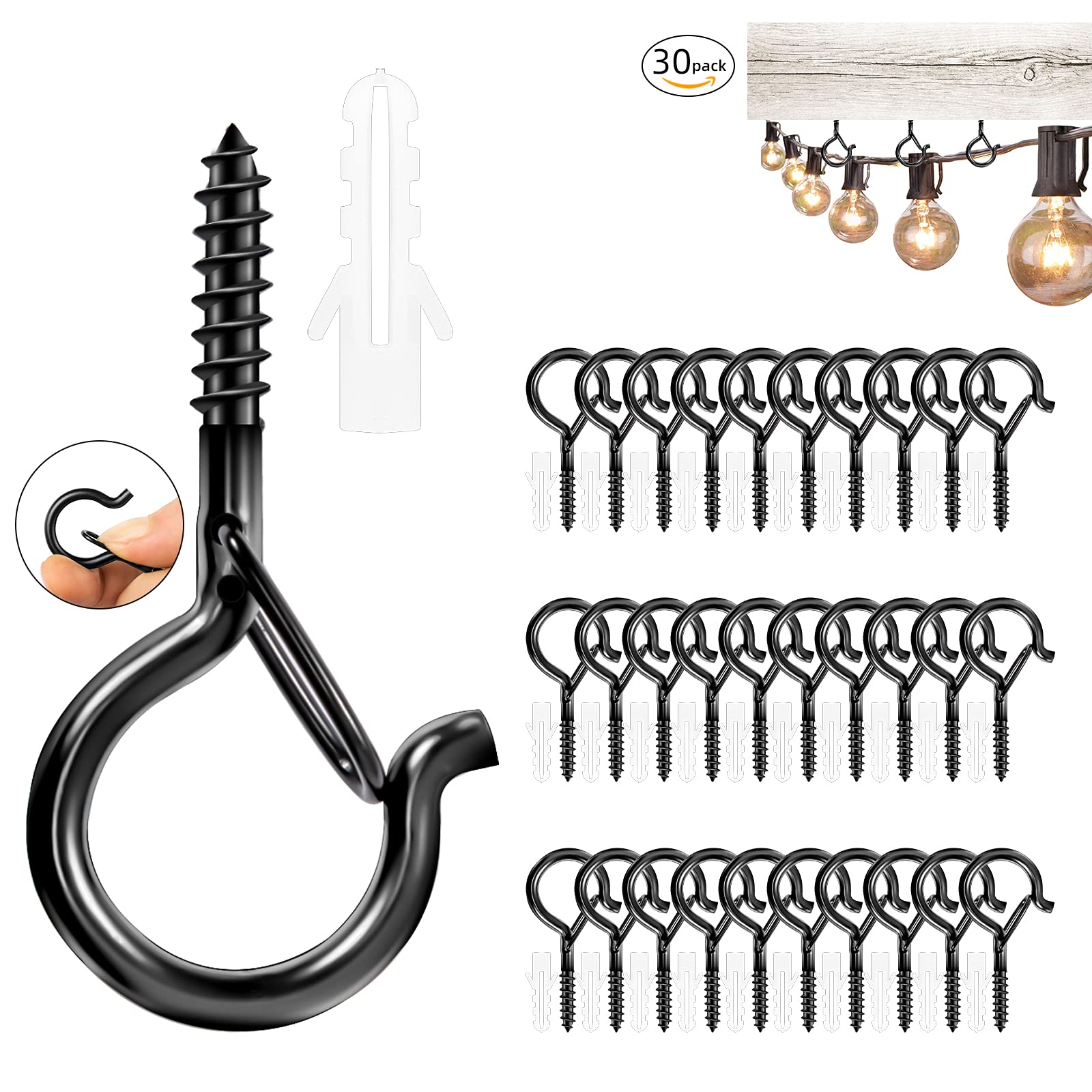 30 PCS Black Screw-in Light Hooks (2.2 Inches) - Heavy Duty Windproof Q Hanger Hooks with Safety Buckle for Outdoor String Lights, Hanging Plants, Christmas Decor & Patio Lighting - Perfect for Garden, Backyard, Deck and Home Decor