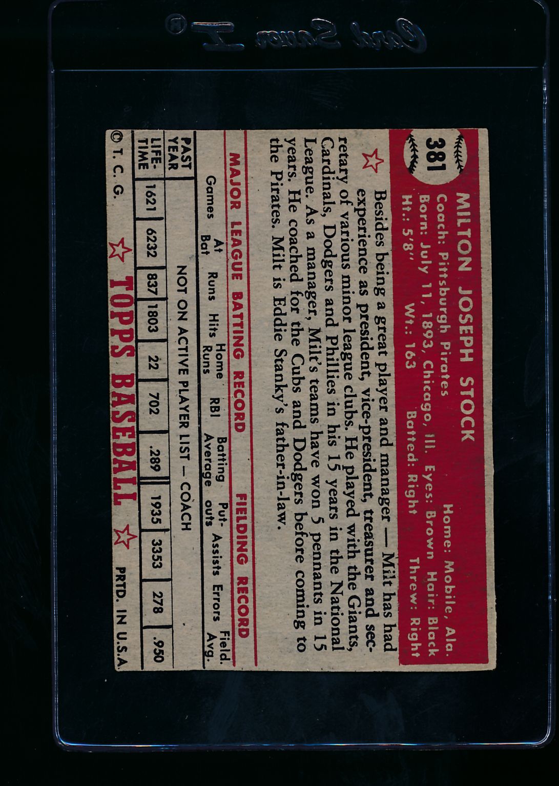 1952 Topps #381 Milton Stock Rookie Card High Grade (Trimmed) - Vintage Baseball Collectible for Display & Investment
