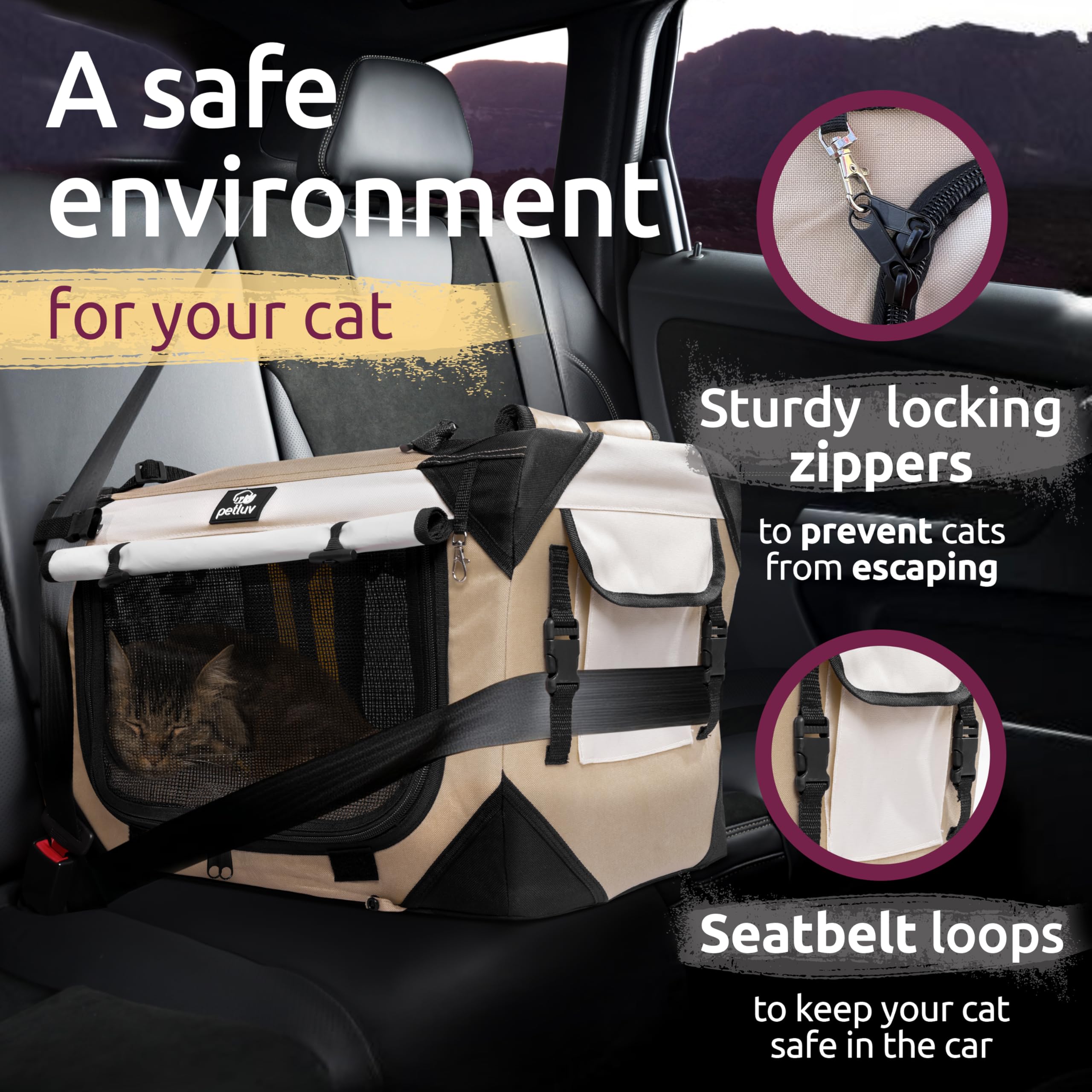 Large Soft-Sided Collapsible Pet Carrier for 2 Cats or Medium Dogs - Portable Travel Bag with Locking Zippers & Comfortable Bed (Tan) - Perfect for Airplane Travel, Vet Visits & Road Trips